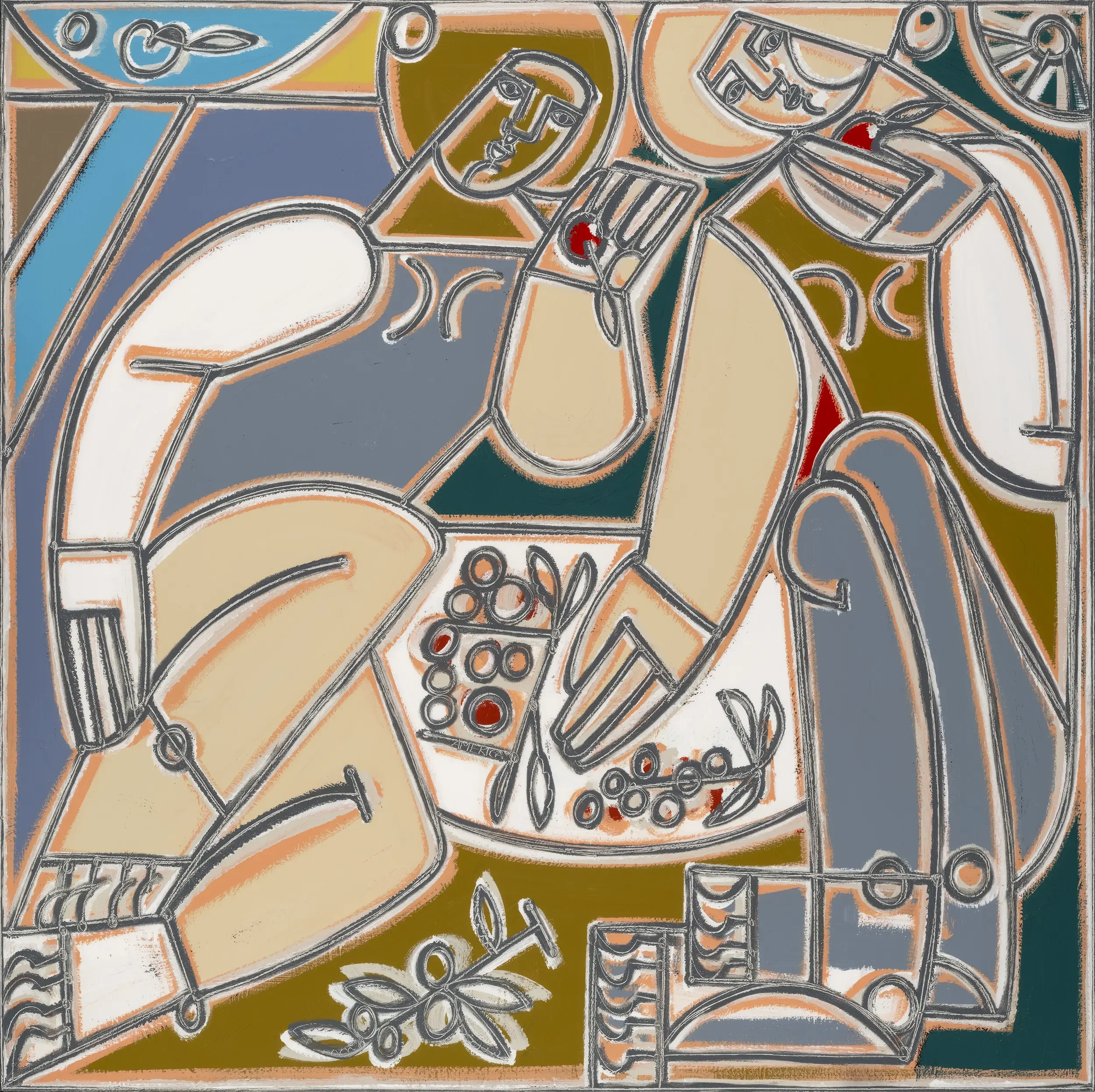 America Martin, "Help Yourself to Cherries and Our Picnic”. Two abstract figures lean toward a shared spread of cherries and food between them. Bold silver contour lines, warm olive, sand, and teal palette with red accents. Oil and acrylic, 59x59.