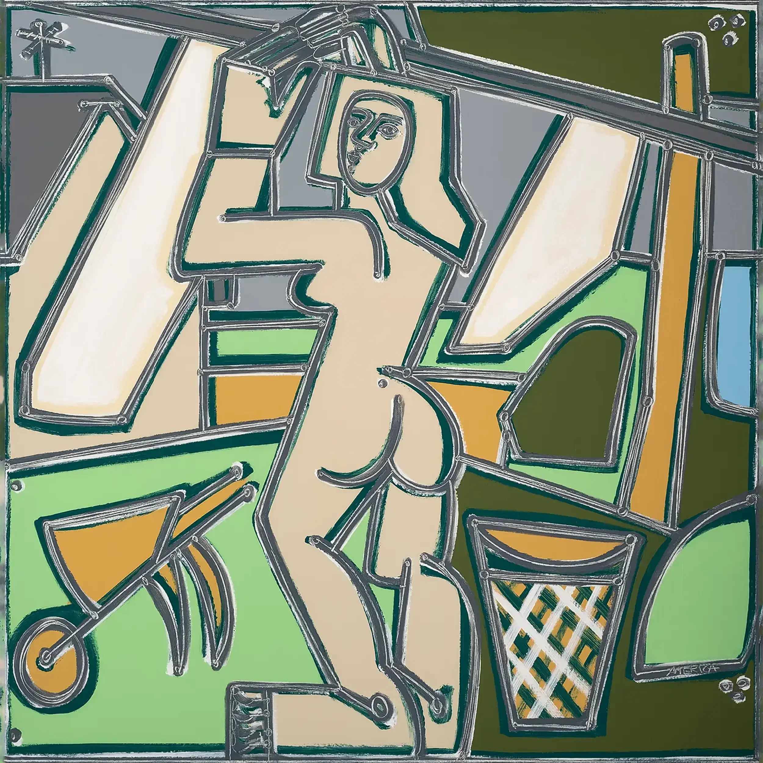 “Take The Sheets Off The Line” by America Martin, 2025 - Domestic scene with figure, laundry, and architectural elements in greens, cream, gray, sky-blue and golden tones, oil and acrylic on canvas, 49.5 x 49.5 inches