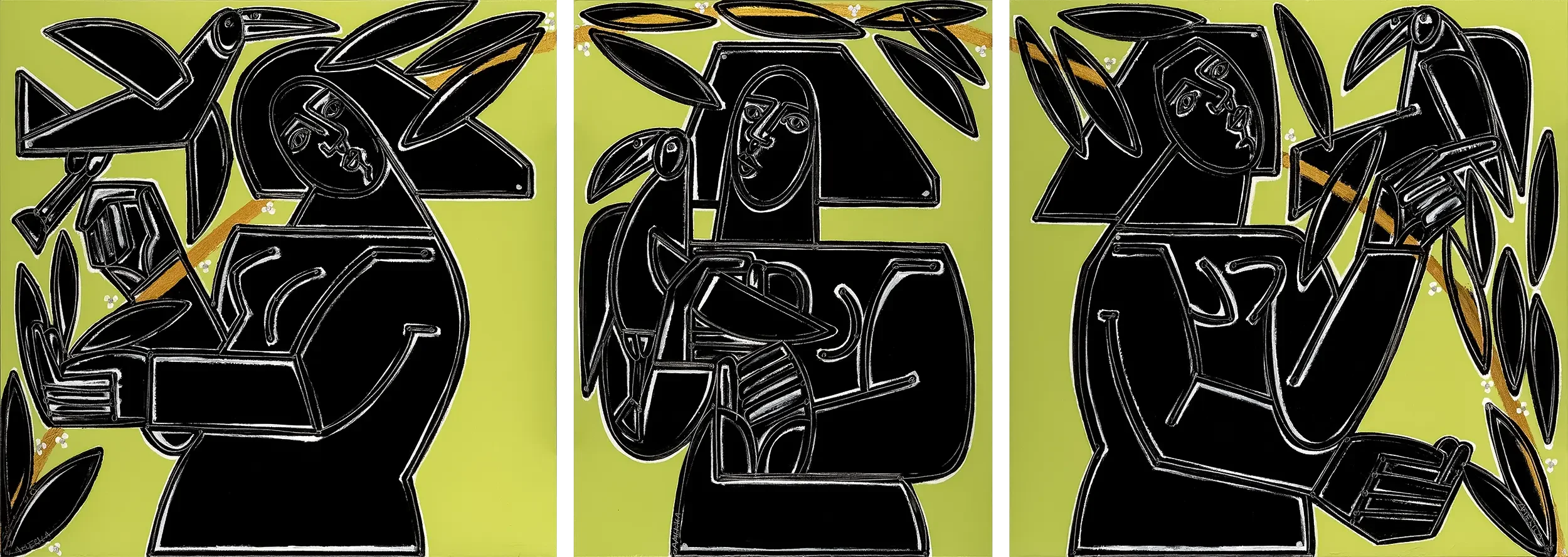 Gold-Tailed Toucans Listen to the Wind by America Martin. Three-panel figurative painting uniting female forms with tropical toucans. Bold black line work, indigenous motifs, chartreuse ground.