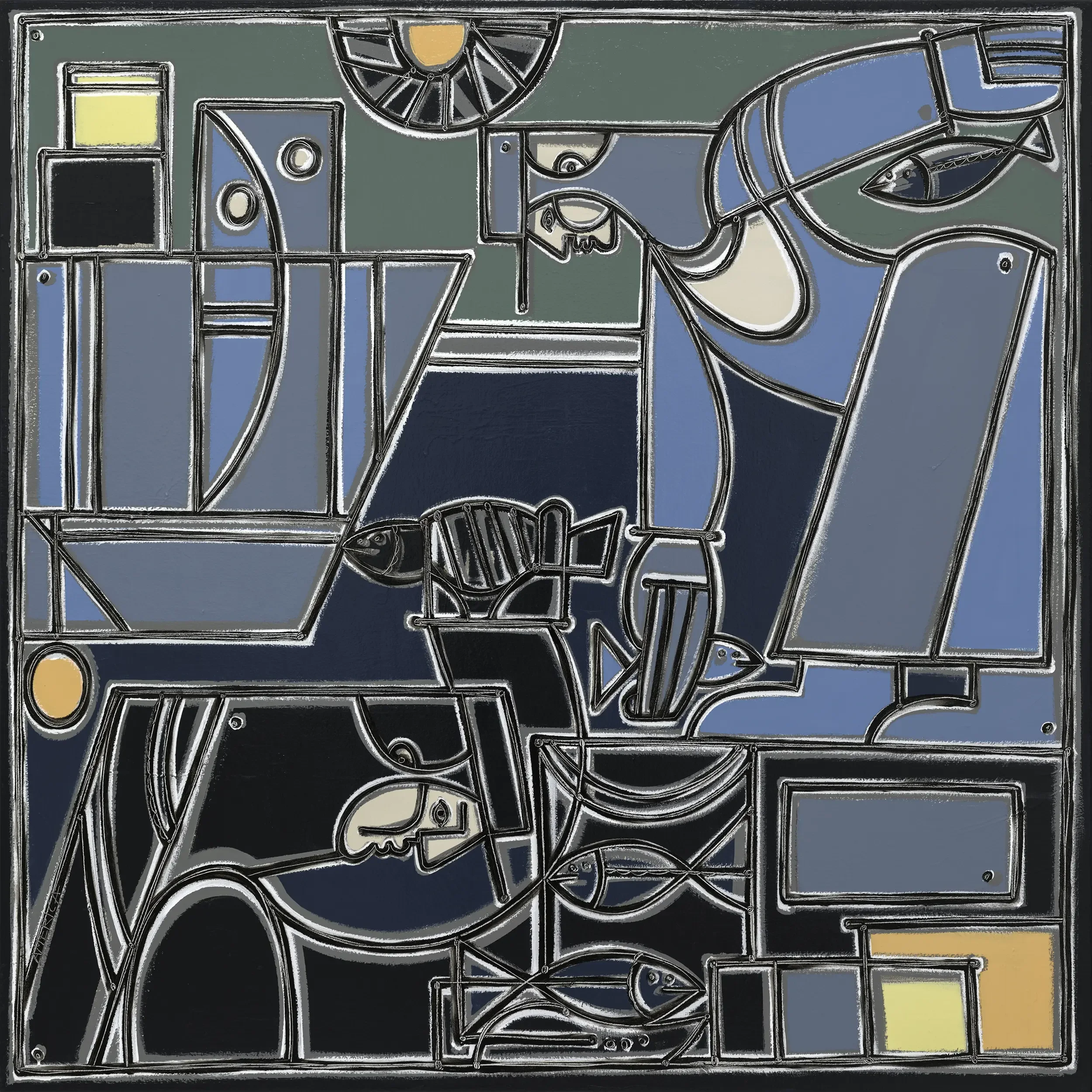 "Lobster Men" by America Martin. Colombian-American contemporary figurative painting — abstract male forms, fish motifs, and geometric grid composition in deep navy, slate blue, and gold. Bold silver line work. Oil and acrylic, 60x60.