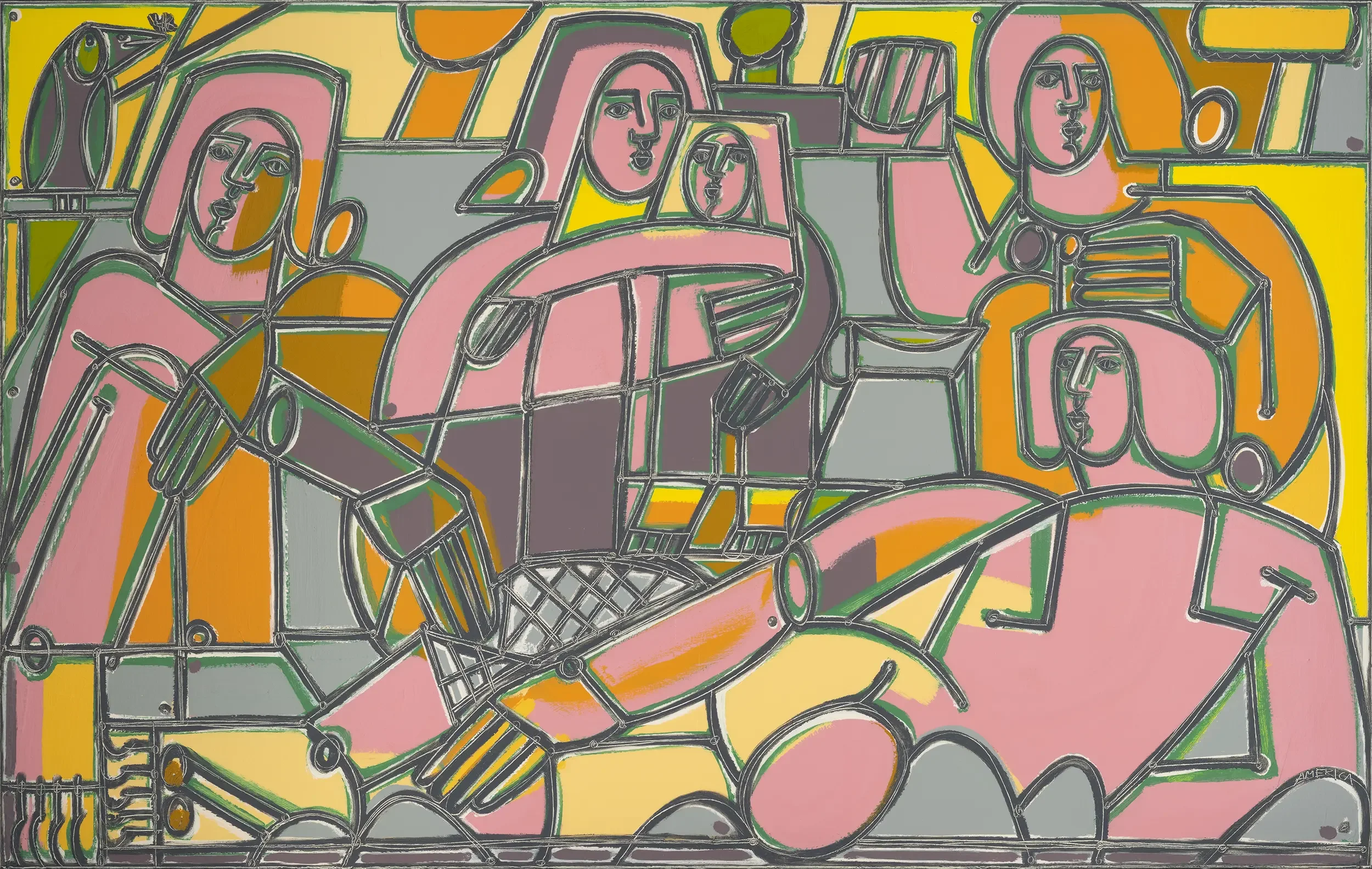 America Martin, "Out of Doors Till Sunset”. Five abstract figures — adults and a child — gather outdoors in warm afternoon light. Bold gray contour lines with green, vibrant pink, yellow, and orange palette. Contemporary figurative painting, 81x51.