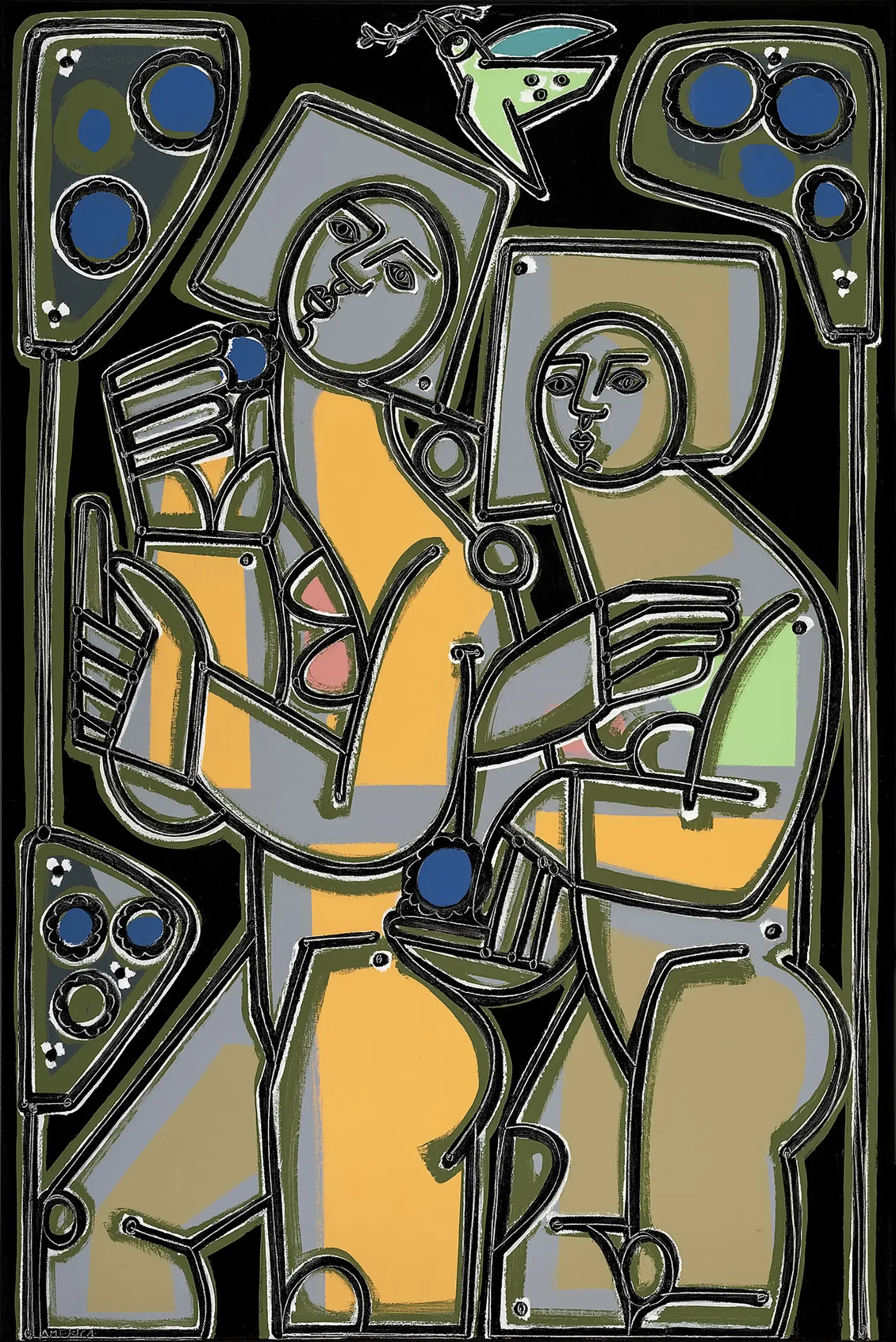 "In the Orchard in the Moonlight" by America Martin. Colombian-American contemporary figurative painting. two abstract figures in a nocturnal orchard.