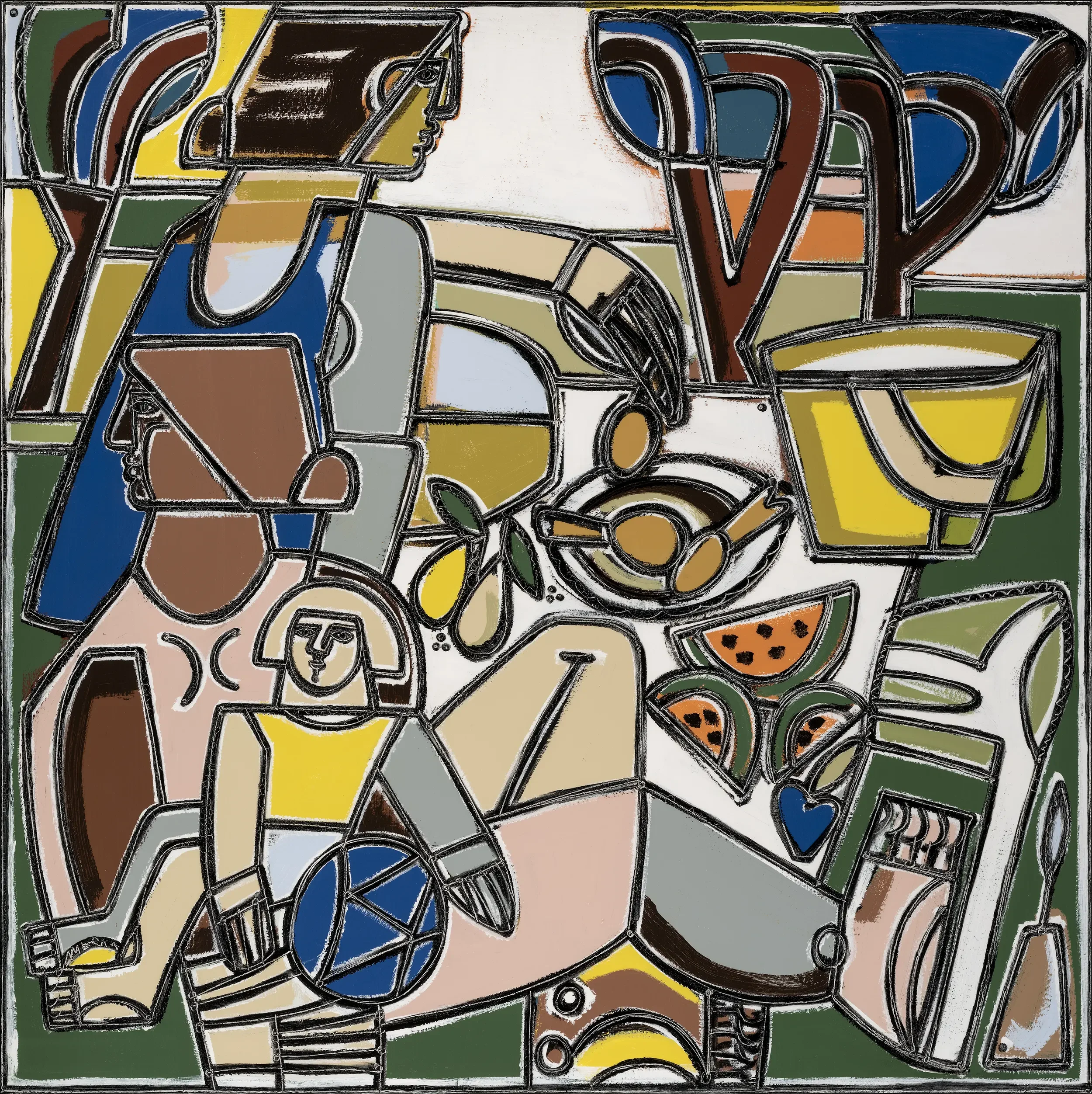 Picnic With Melon and Figs Under Trees by artist America Martin — oil and acrylic on canvas, 70 x 70 inches, depicting abstract figures sharing fruit in a vibrant outdoor picnic scene.