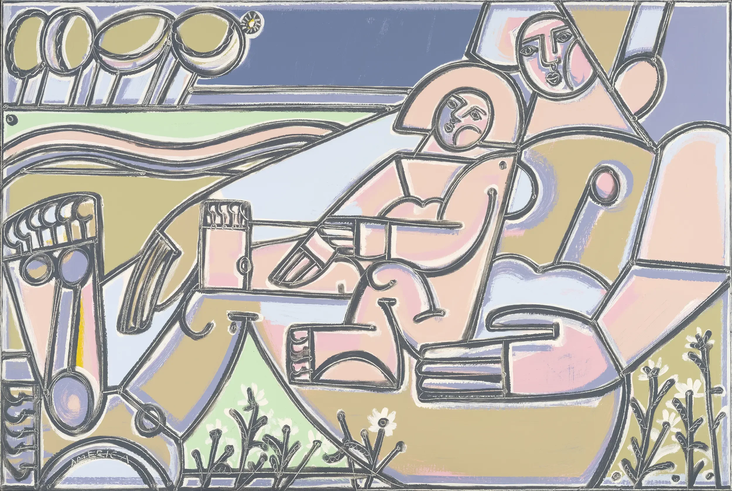 Mother and Child Talk of Things They See by artist America Martin — oil and acrylic painting on canvas featuring abstract figurative forms of a mother and child engaged in conversation, 40 x 60 inches.