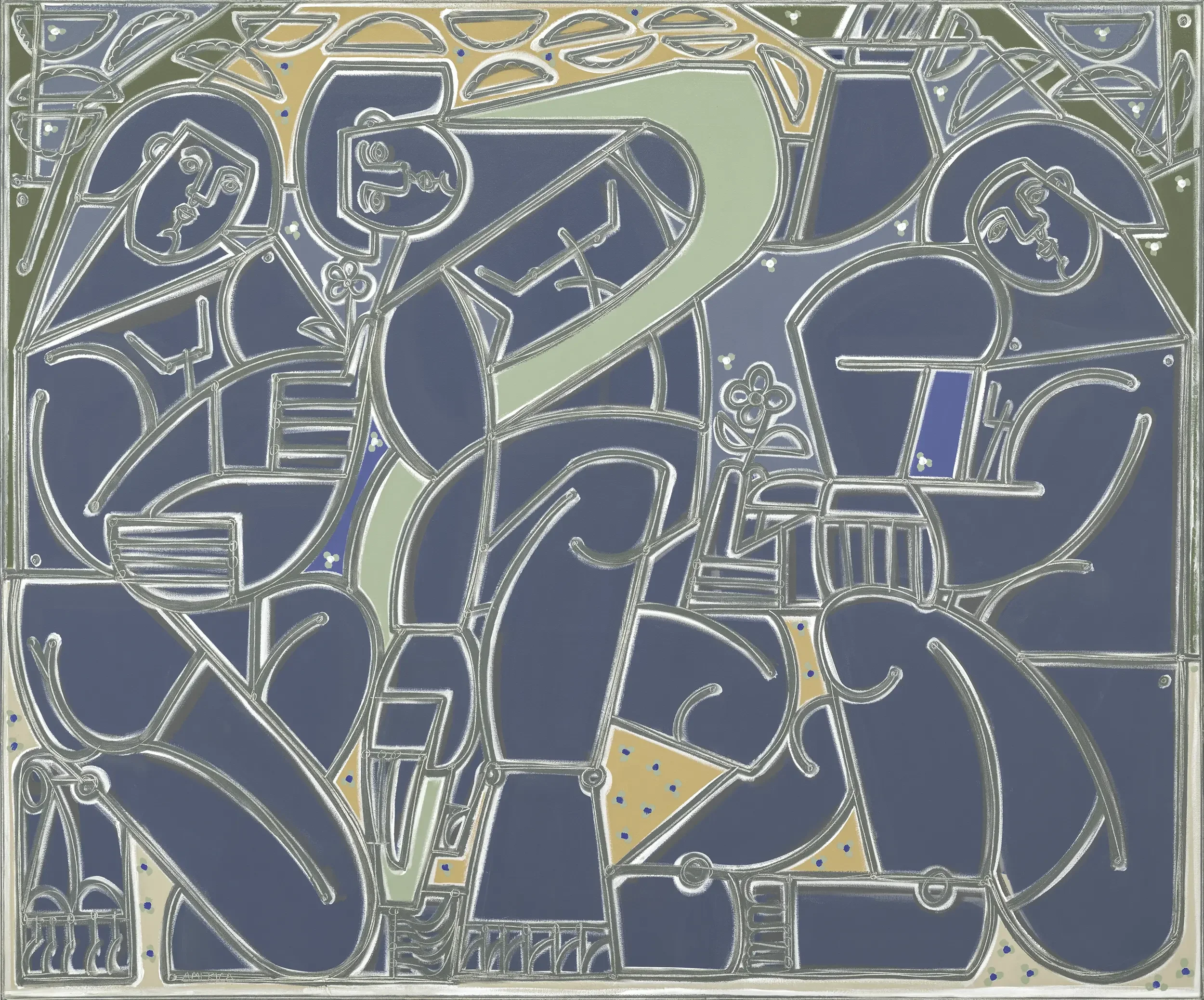 Men of Grace by America Martin. Abstract male figures in bold gray contour lines, sophisticated palette of slate, sage, gold, and mint. Contemporary figurative painting, oil and acrylic.