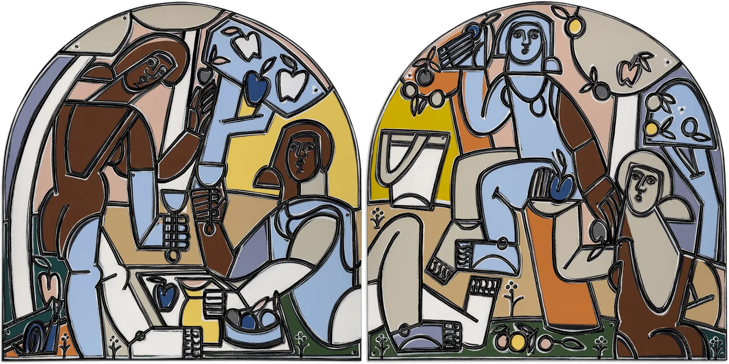 America Martin, "Pick the Apples, Make the Cider, and Drink Some Along the Way". Two arched panels show figures harvesting and celebrating among apple trees. Bold black contour lines, sky blue, warm orange, and earth tones. Oil and acrylic, 60x120.