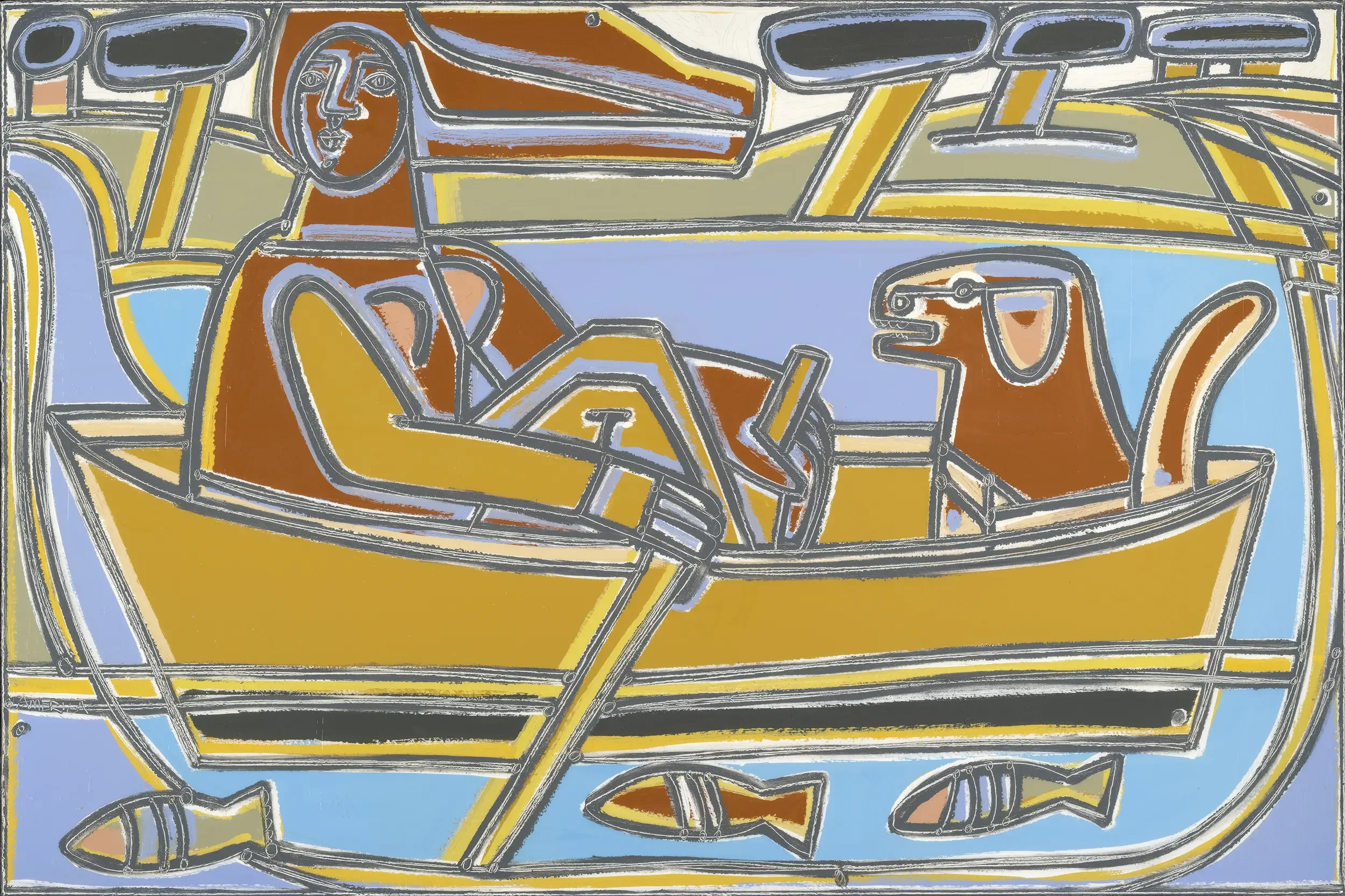 America Martin, "The Dog Loves the Lake Boat." A figure rows a golden boat across a sun-lit lake, a dog seated happily at the bow. Fish swim below. Bold silver contour lines, warm gold, sky blue, and rust. Oil and acrylic, 40x60.