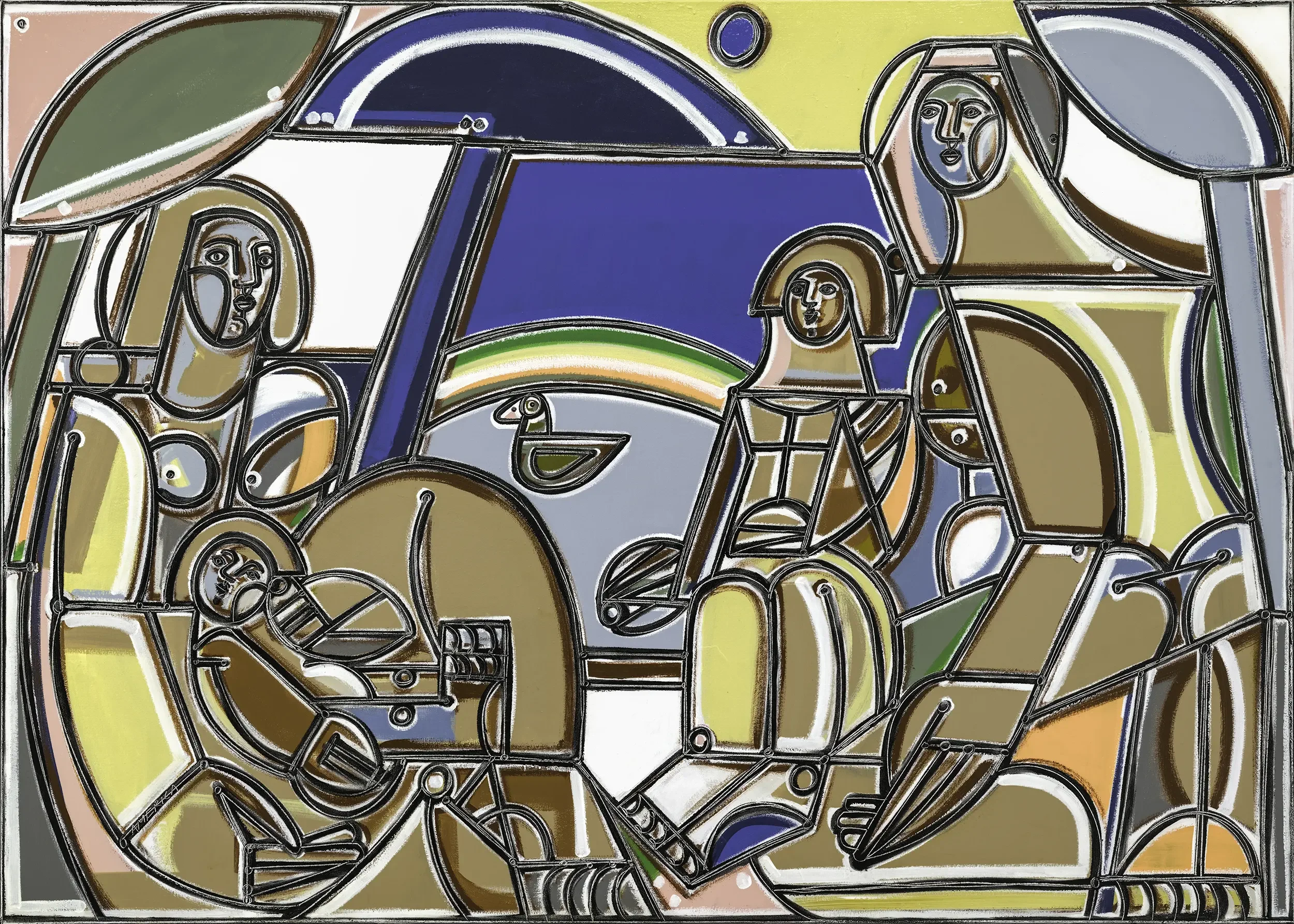 America Martin, "Day by the Pond". Two women embrace two children at the water's edge, a duck floating on a pond between them. Bold black contour lines and a rich colorful palette. Oil and acrylic, 84x60.