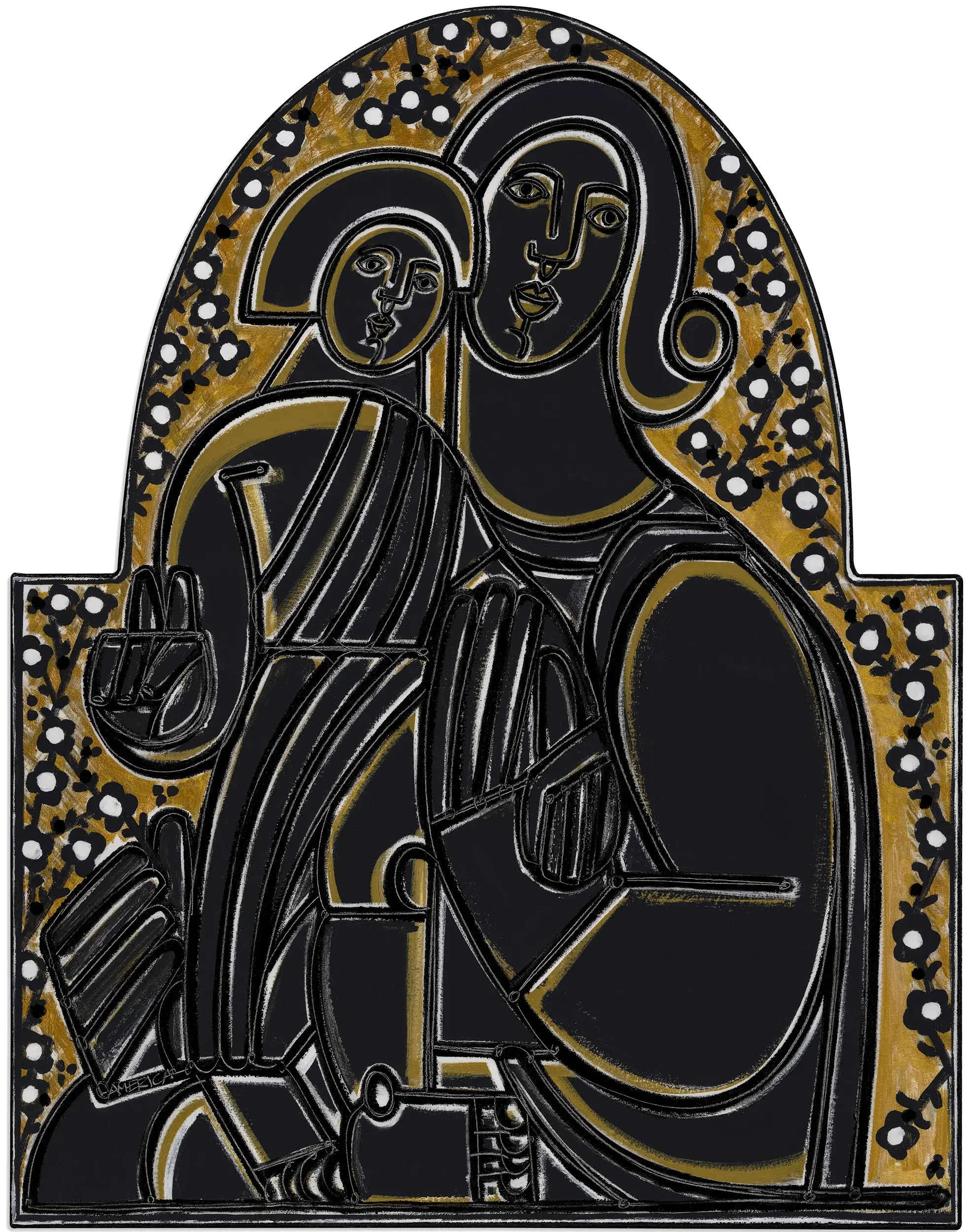 Homage to Mother and Child with Primrose by America Martin. Iconic mother and child in an arched altarpiece form. Bold black line work, gold ground, white floral motifs. Oil and acrylic.