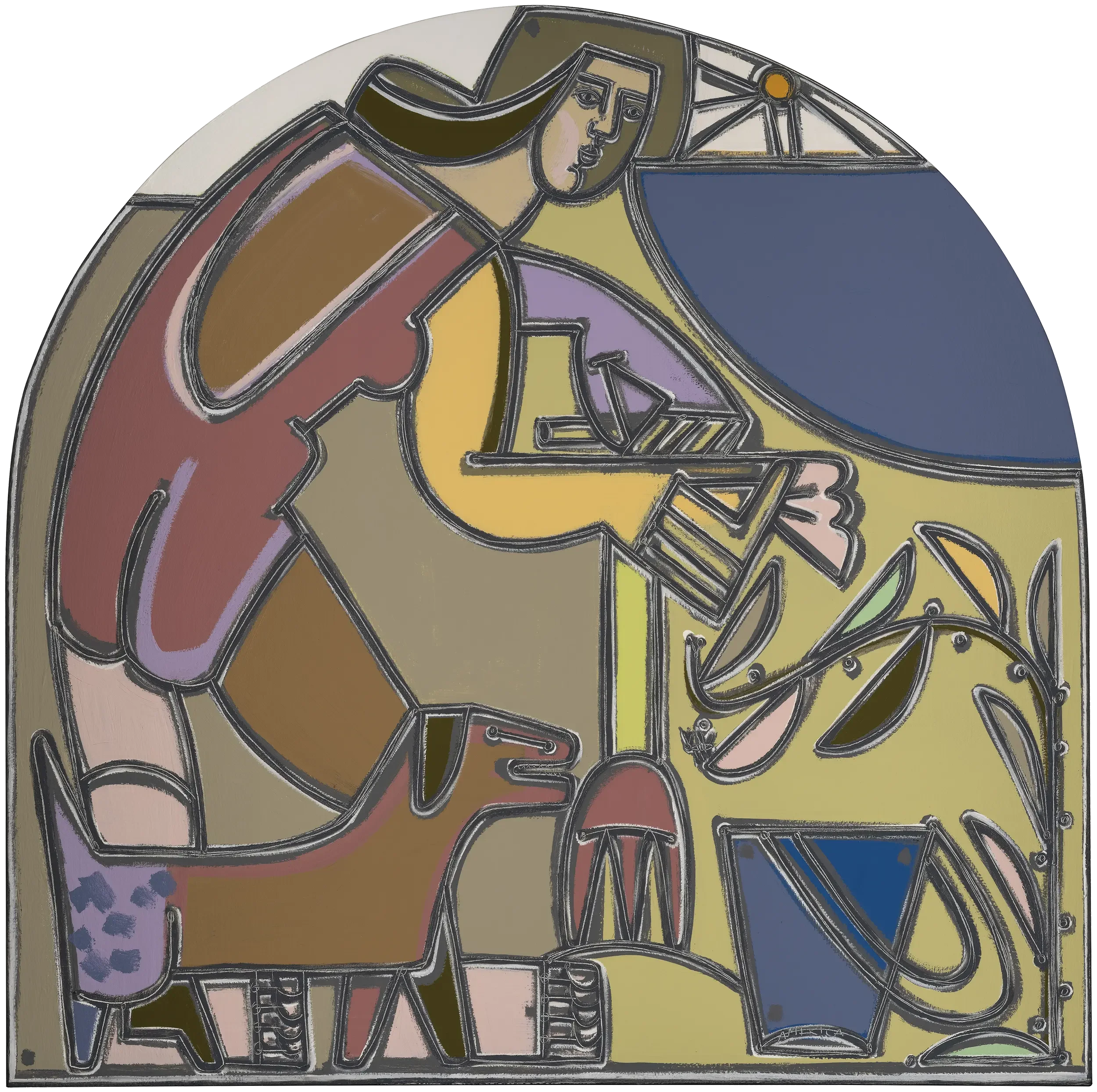 America Martin, "Clams in the Bucket". A figure crouches on an arched panel, sorting freshly harvested clams into a bucket beside a dog. Bold contour lines, warm olive, taupe, dusty rose, chartreuse and slate blue palette. Oil and acrylic, 60x60.