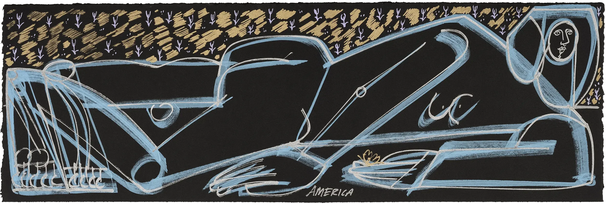 America Martin, "Woman Under the Trees". A reclining female figure stretches across black paper, drawn in fluid cerulean blue and silver ink. Gold and lavender botanical marks fill the top half. Ink on paper, 7.25x22.25.