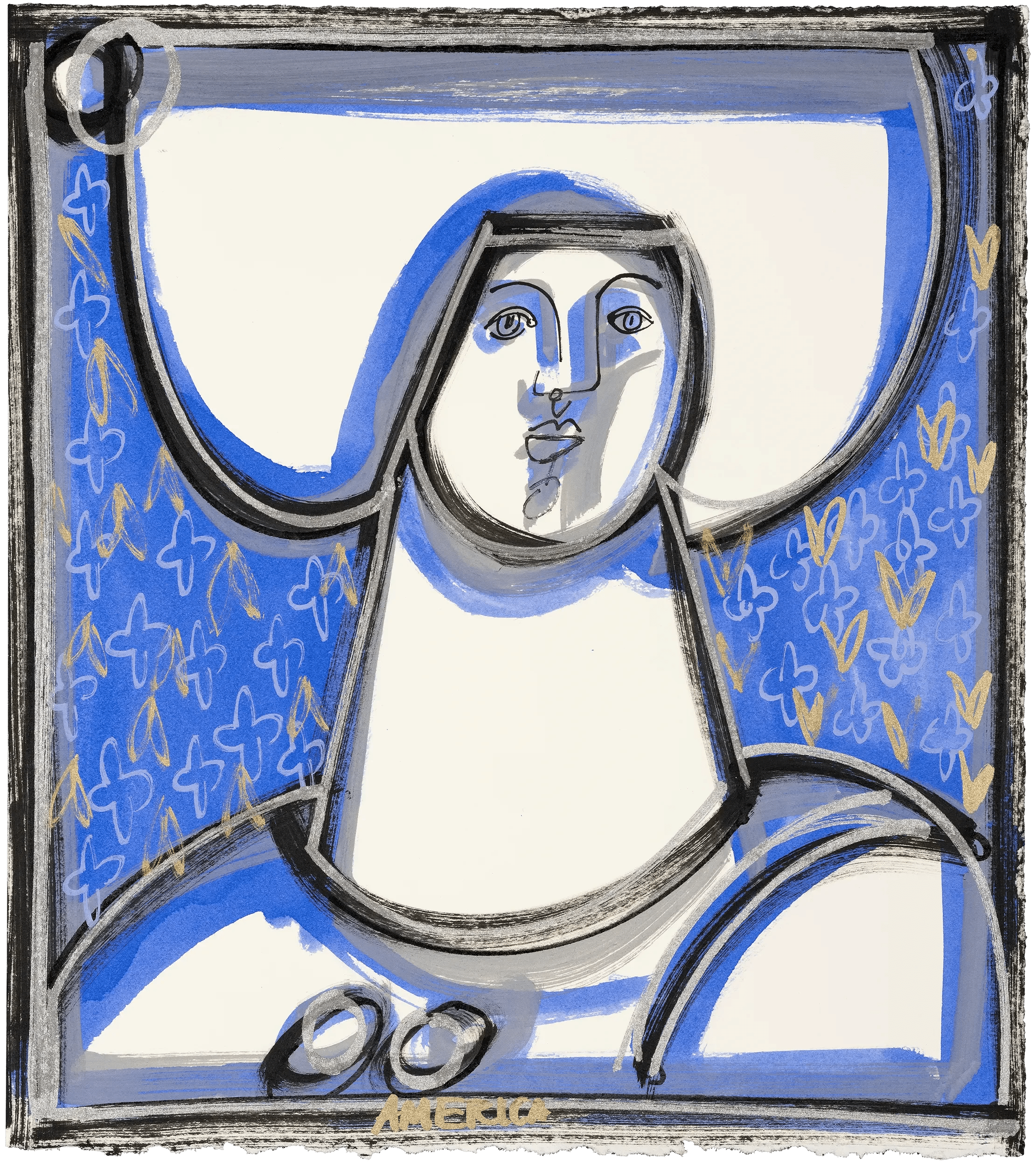 America Martin, "Blue and Gold". A frontal female figurative portrait drawing, rendered in bold black contour lines against a vivid cobalt blue ground scattered with silver and gold floral motifs. Ink on paper, 9.875x11.125.