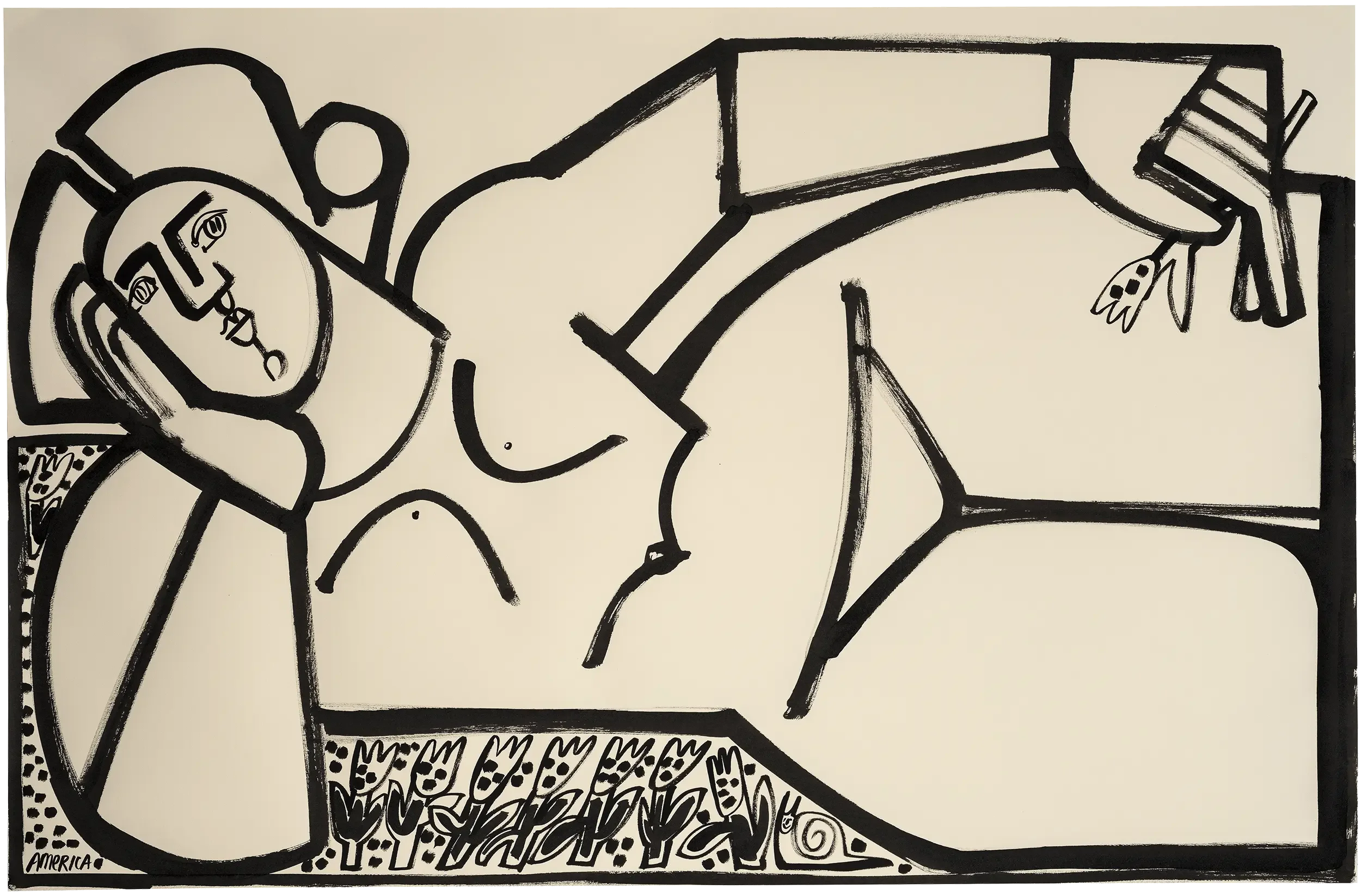 Resting Among Tulips by America Martin - Black ink drawing on cream paper depicting a reclining nude figure with stylized tulips, 26 x 40 inches.