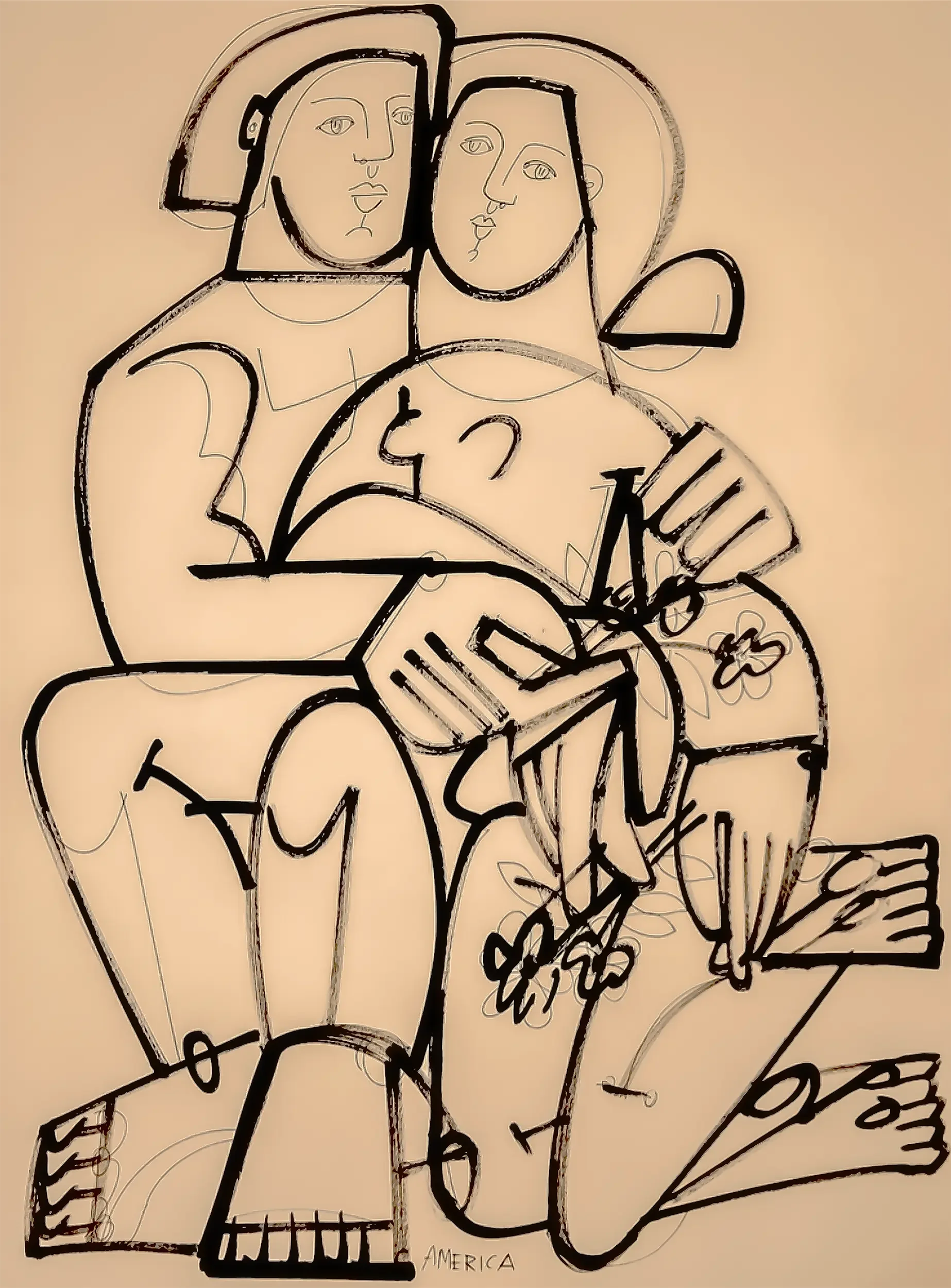 Lovers by America Martin, ink on cotton paper - Line drawing featuring two stylized figures in an intimate embrace holding flowers, rendered in expressive black brushstrokes on neutral beige background, 30 x 22 inches (76.2 x 55.88 cm)