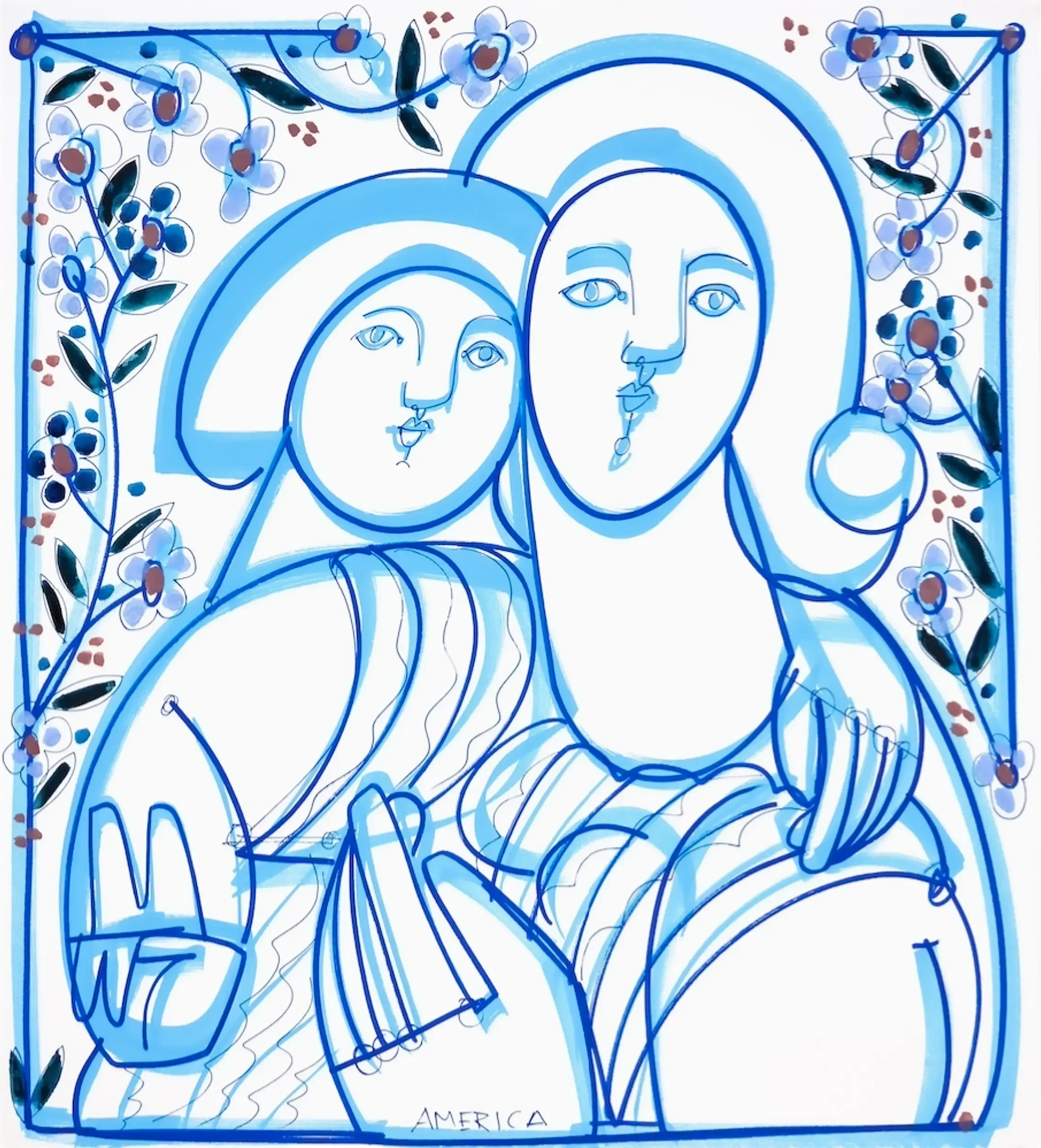 “Mother and Child” by Colombian-American artist America Martin — A minimalist pencil and ink drawing of a mother holding her child with bold dark and sky blue contour overlapping lines that convey tenderness and unity.22x20 inches.
