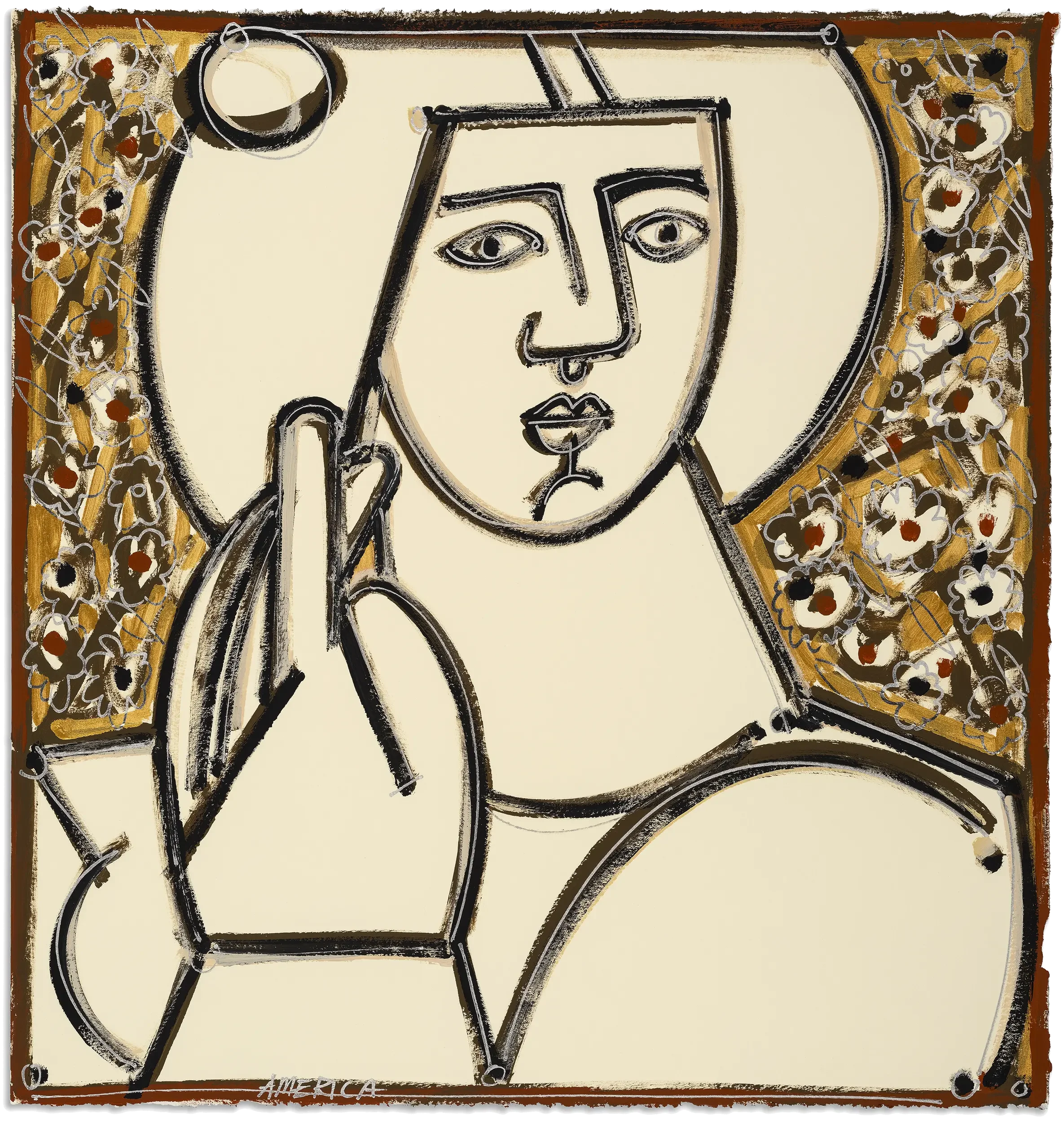 Woman By The Flowering Wall by America Martin - Figurative portrait of a woman with decorative floral wall in cream, gold, and browns, ink and acrylic on cotton paper, 22.5 x 21.5 inches.