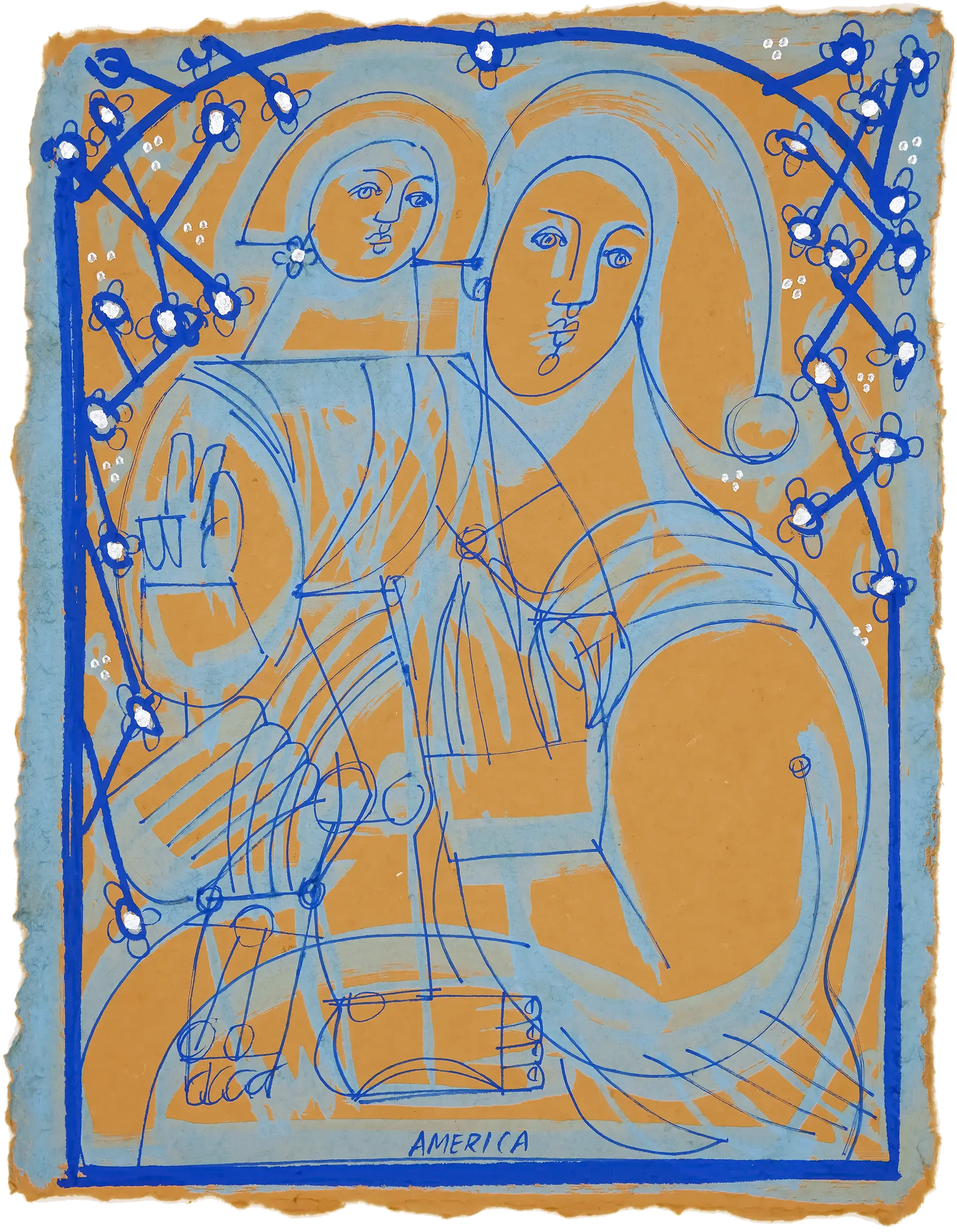 America Martin, "Mother and Child Study". A mother and child face forward in an icon-like composition, drawn in blue ink on warm gold paper. A floral lattice border frames them. Ink on paper, 11.5x9.5.
