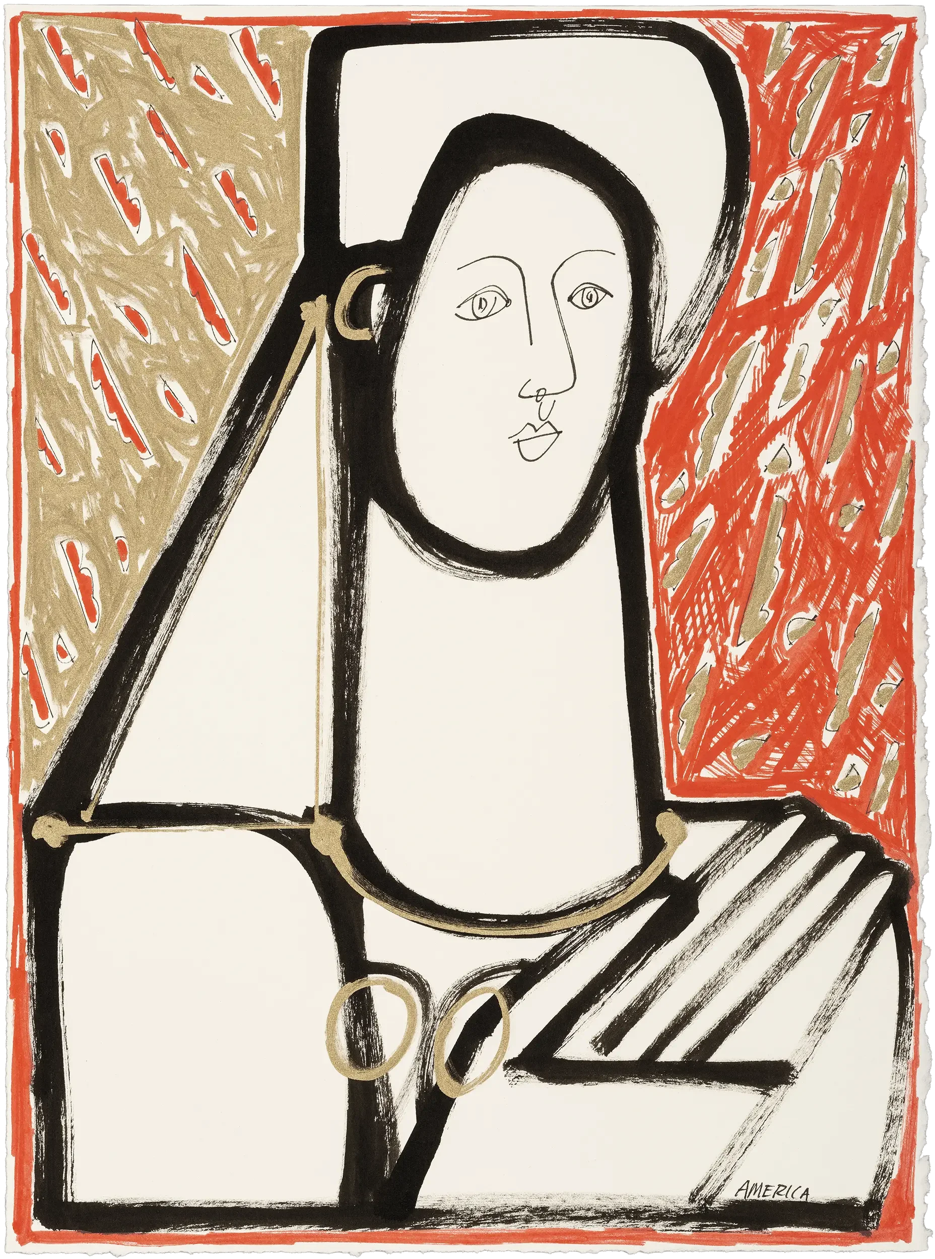 "Woman in Red and Gold" by America Martin. Colombian-American artist — contemporary figurative portrait in ink on paper, bold black contour lines, expressive red and gold background. 11.125x15.125.