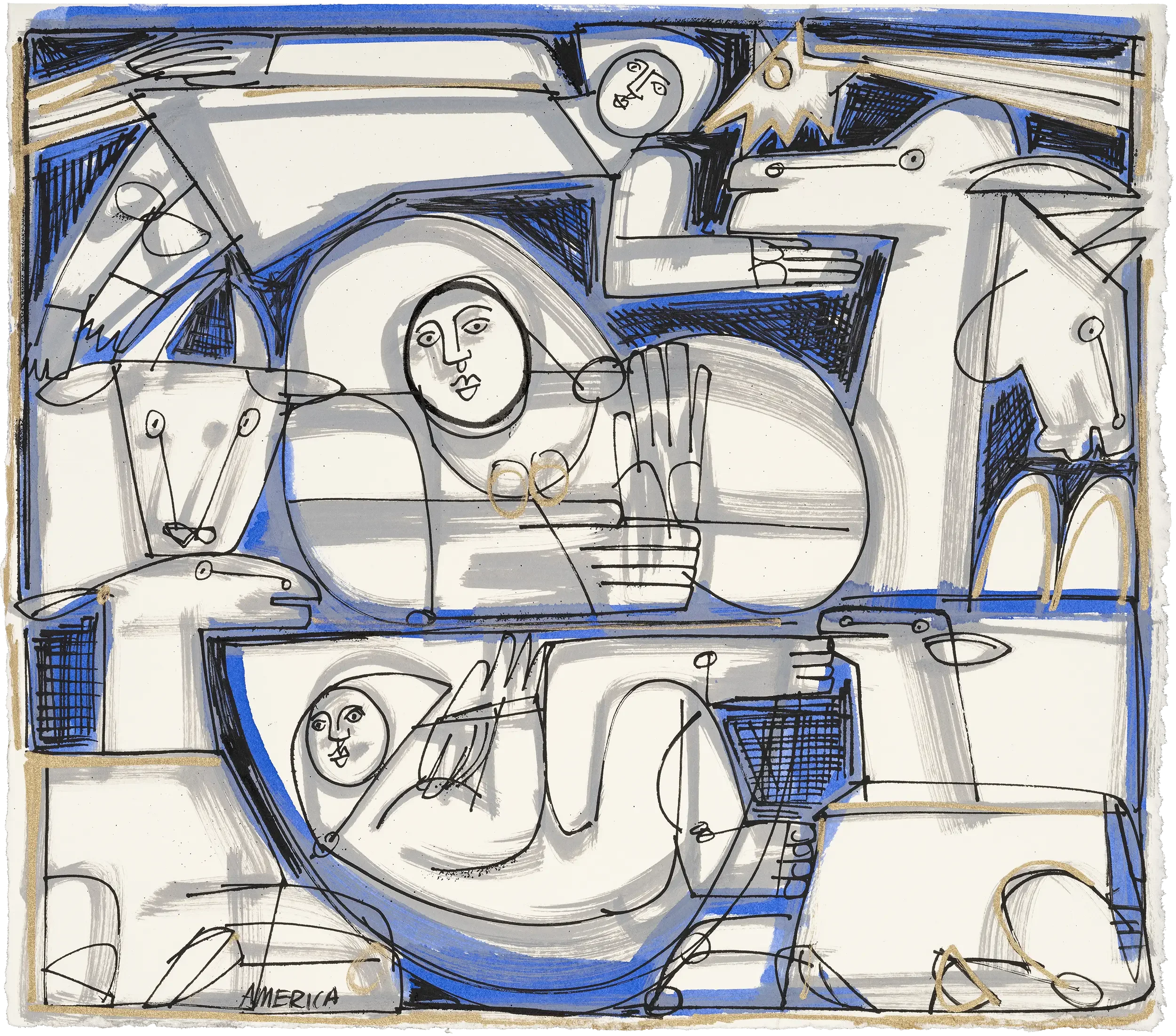 "Nativity" by America Martin. Colombian-American artist — ink on paper, a contemporary figurative nativity scene with bold black contour lines, blue wash, mother and child, celestial star, and animals on handmade paper. 10x14.25.