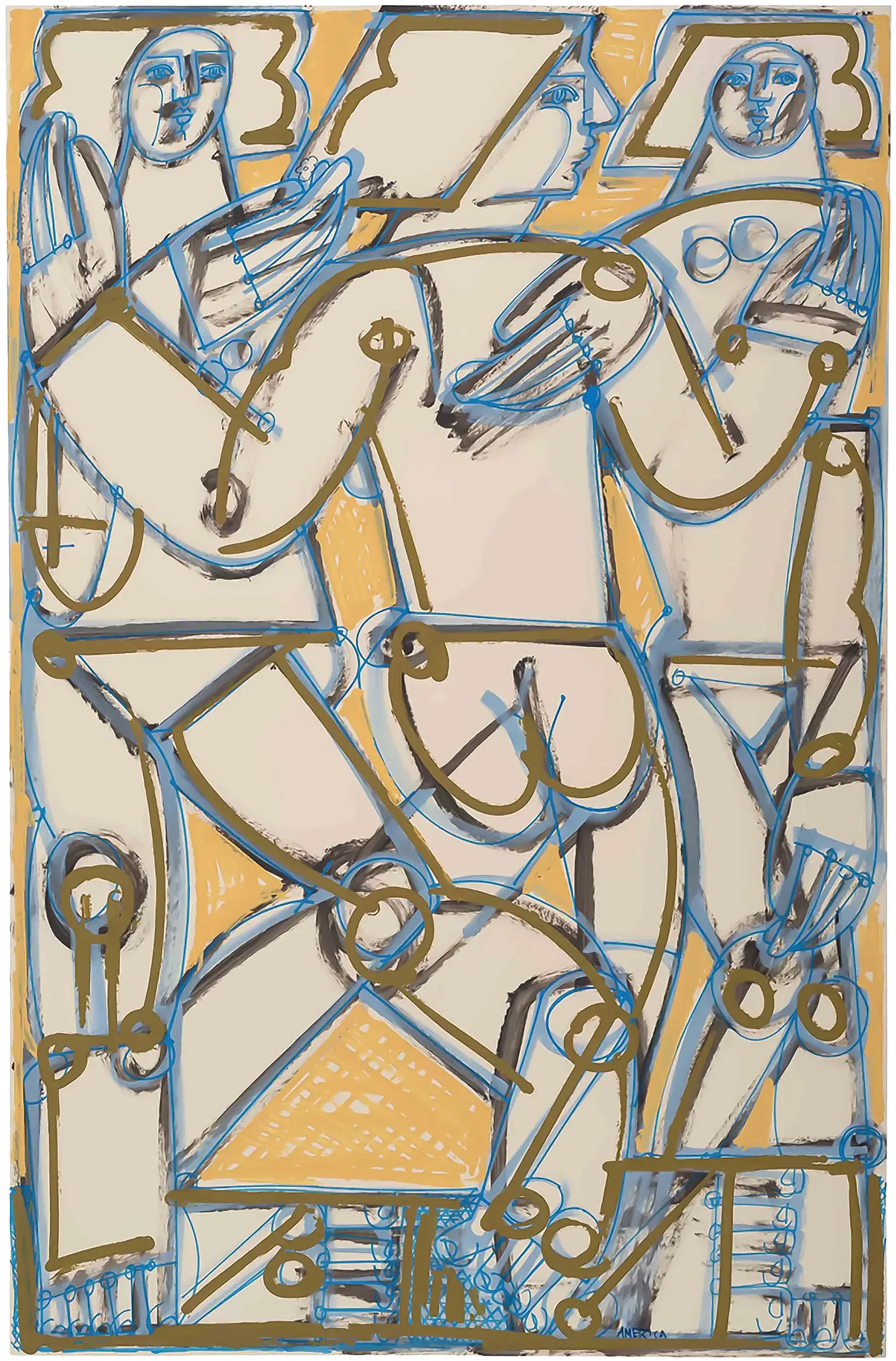 "The Graces" by America Martin. Colombian-American artist — large-scale ink on paper, three abstract female figures woven together in bold gold and blue contour lines. Contemporary figurative work on paper. 40x26.