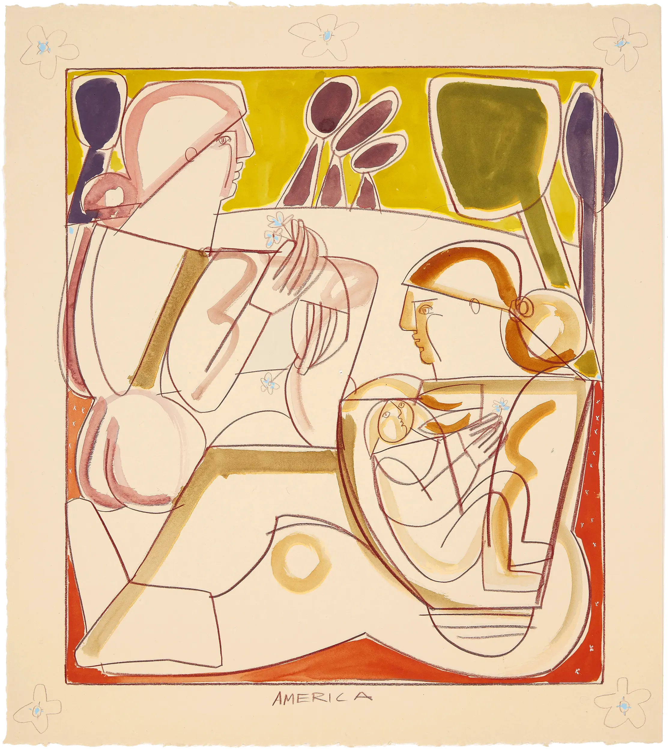 America Martin, "Women and Mother on Tan Paper." Two reclining female figures face each other — one holds a small child. Small blue flowers scattered throughout. Pencil and ink on paper, warm chartreuse, rose, and red palette. 22x20.