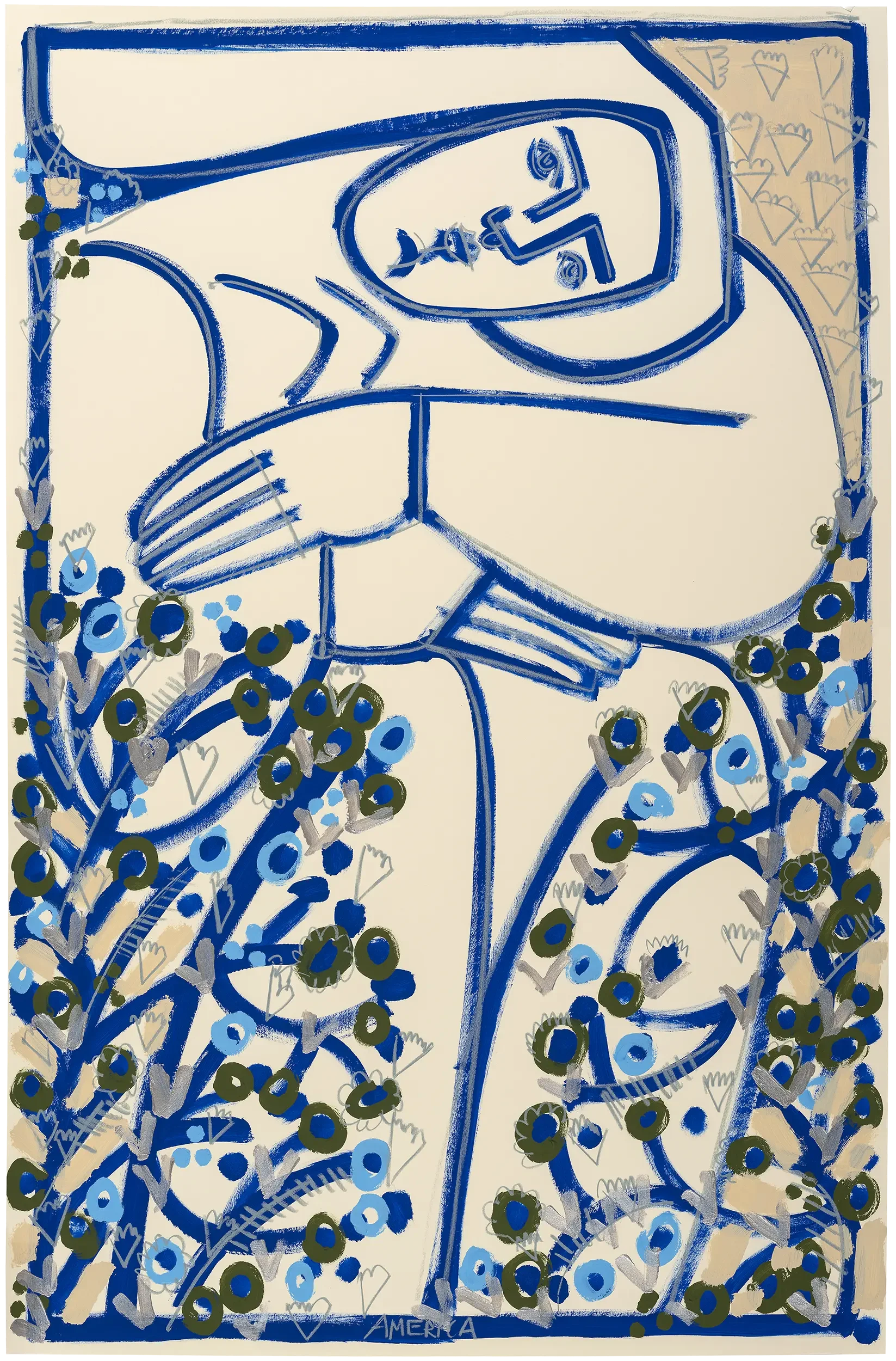 "Blue Bells and Sage Blossoms" by America Martin. Colombian-American artist — acrylic and ink on cotton paper, abstract female figure rising from a lush floral garden, bold blue contour lines, cobalt, olive, and gold botanical motifs. 40x26.