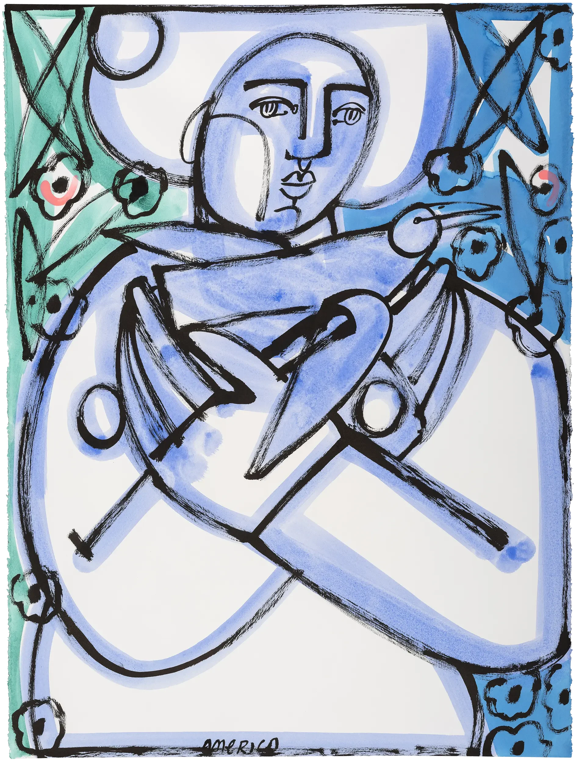 "Blue Bird" by America Martin. Colombian-American artist — An expressive ink drawing of a stylized figure holding a bird, outlined in bold black strokes with washes of blue and teal, surrounded by floral and abstract forms. 30x22.5.