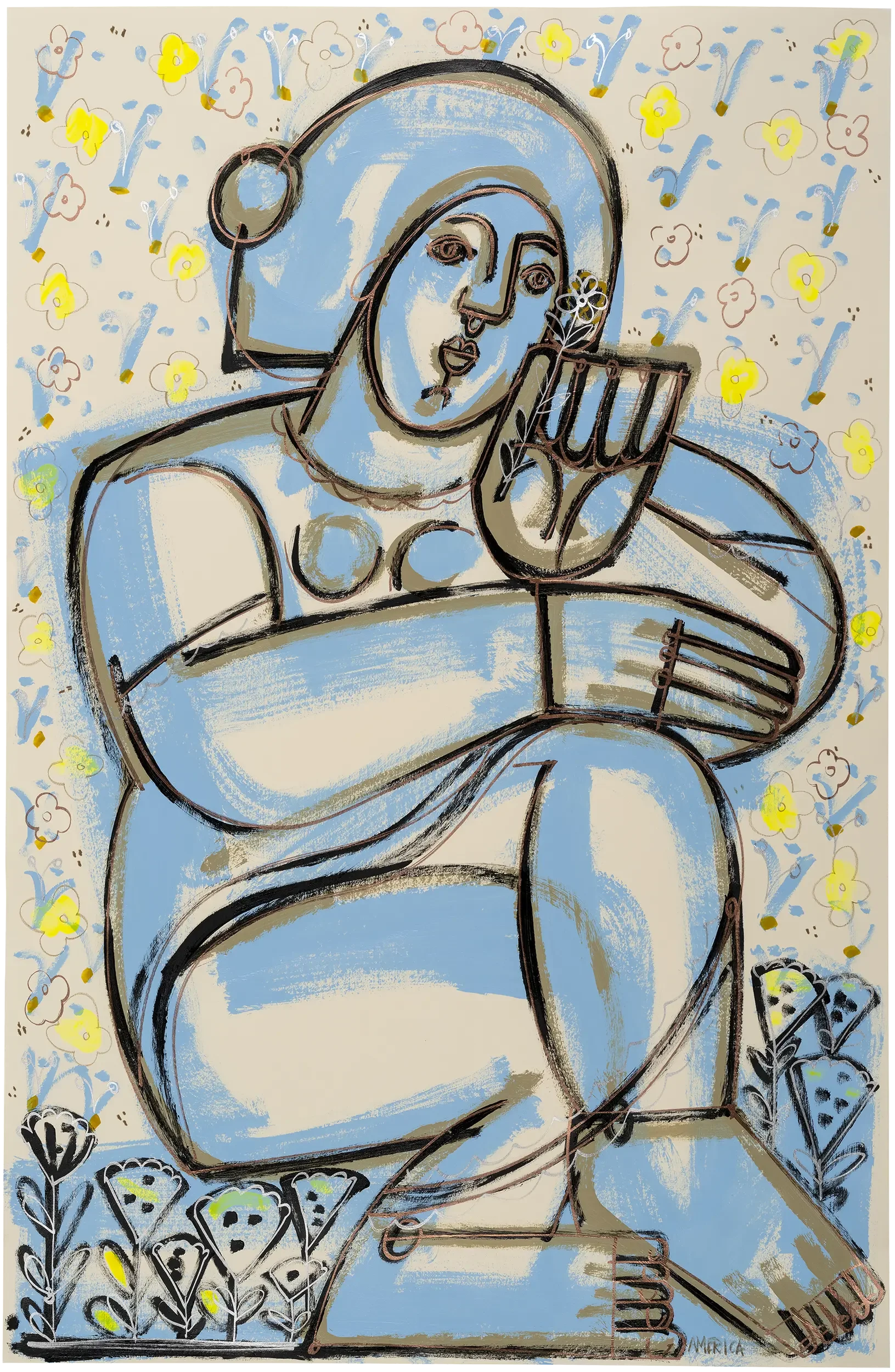 Woman in Blue and Beige by America Martin. Seated female figure with flower, bold contour lines, copper accents, yellow and sky blue floral ground. Ink and acrylic on paper.