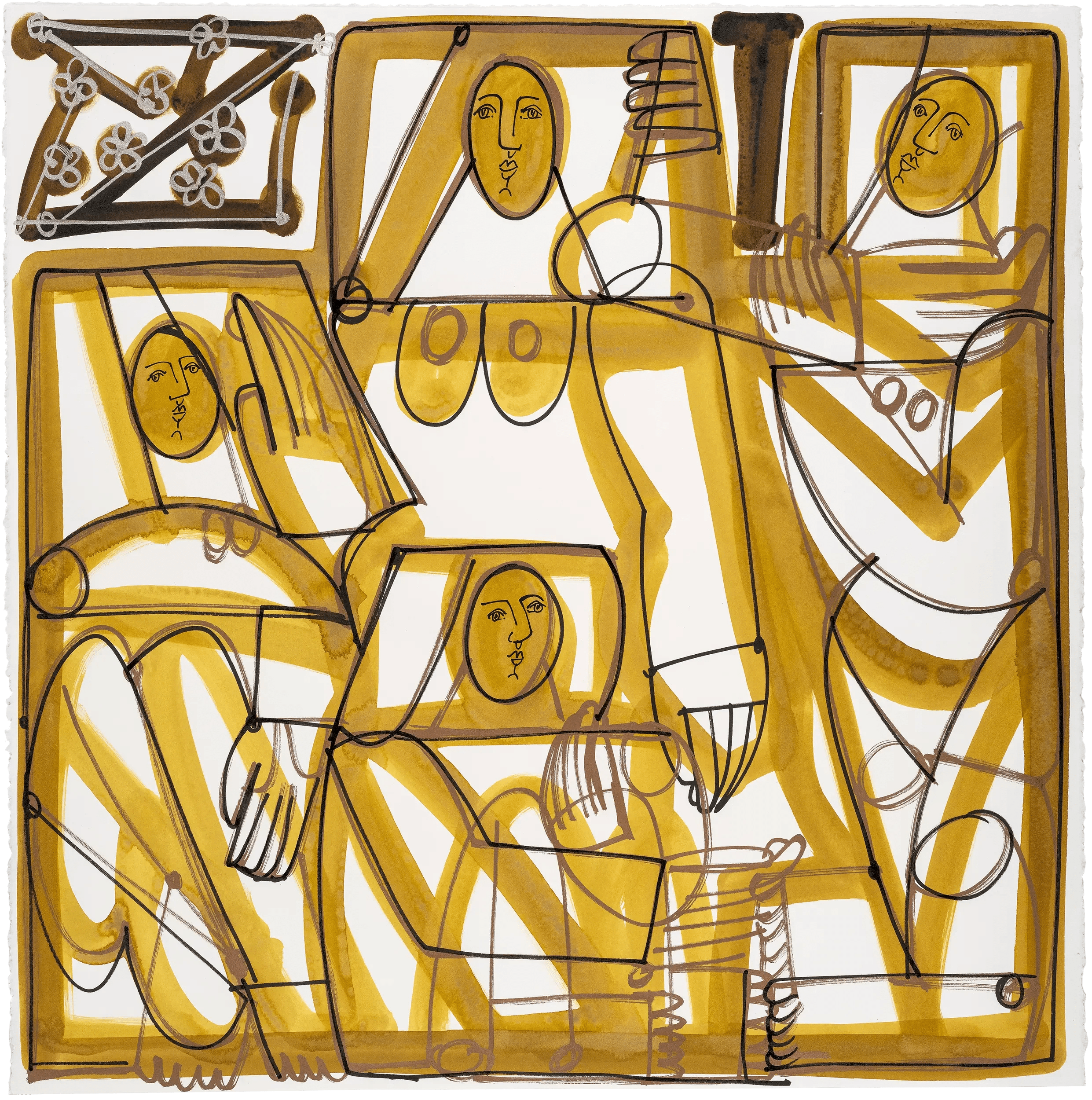 America Martin, "Woman Gather." Four abstract female figures are arranged in interlocking rectangular frames, their bodies intertwined in golden amber wash. Bold brown contour lines on white paper. Ink on paper, 22.5x22.5.
