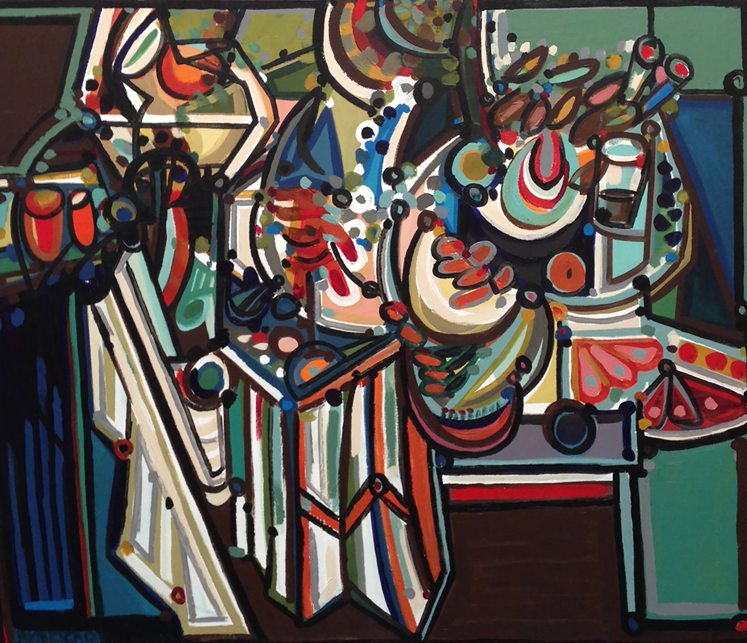 A vibrant, abstract modernist still life painting by America Martin of a table laden with food. The composition features energetic black outlines, geometric patterns, and a dense arrangement of colorful shapes representing fish, shrimp, and fruit.