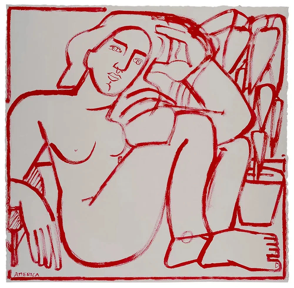 Woman in Red Ink on Gray Paper