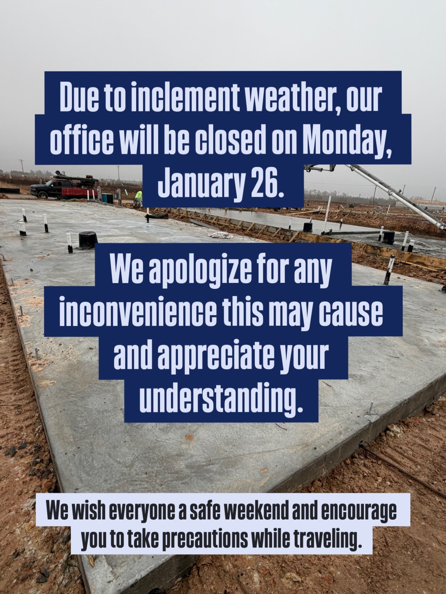 Due to inclement weather, our office will be closed on Monday, January 26. We will resume normal business hours once conditions improve. In the meantime, please stay safe. ❄️