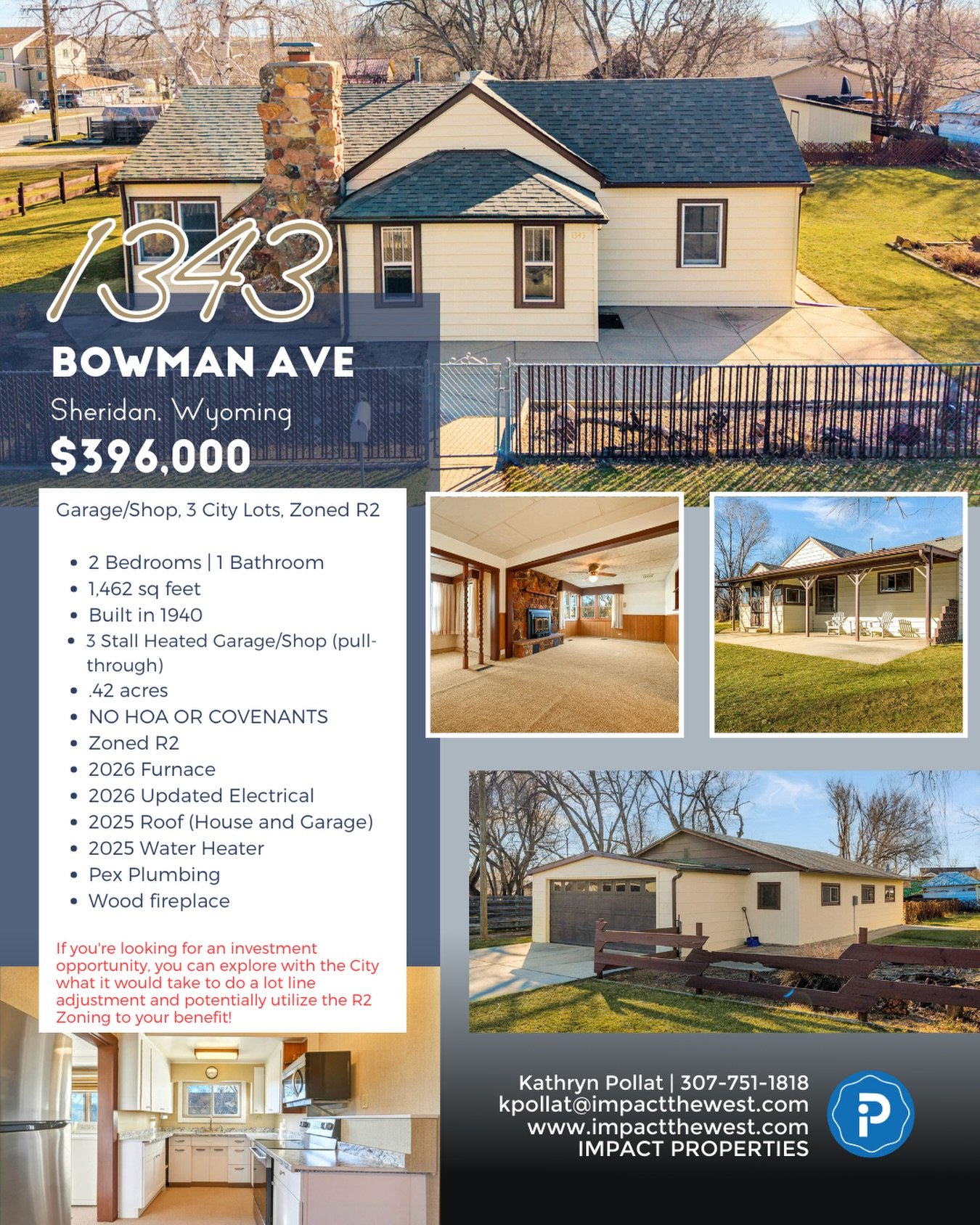 🚨 NEW LISTING 🚨This one has a big ol&rsquo; heated shop on a big ol&rsquo; piece of land right in town. The property spans 3 City lots zoned R2.

📍 1343 Bowman Ave | Sheridan, WY
💰 $396,000
📐 1,462 sq ft
🌿 .42 acres (3 city lots | R2 zoning)

?