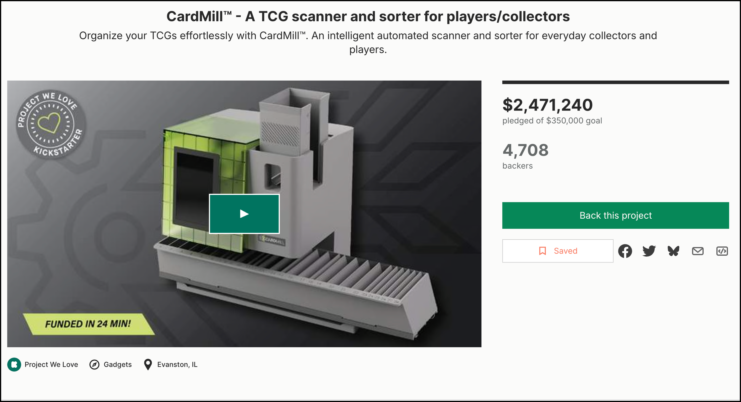 Screenshot of CardMill's Kickstarter Success that Raised Millions