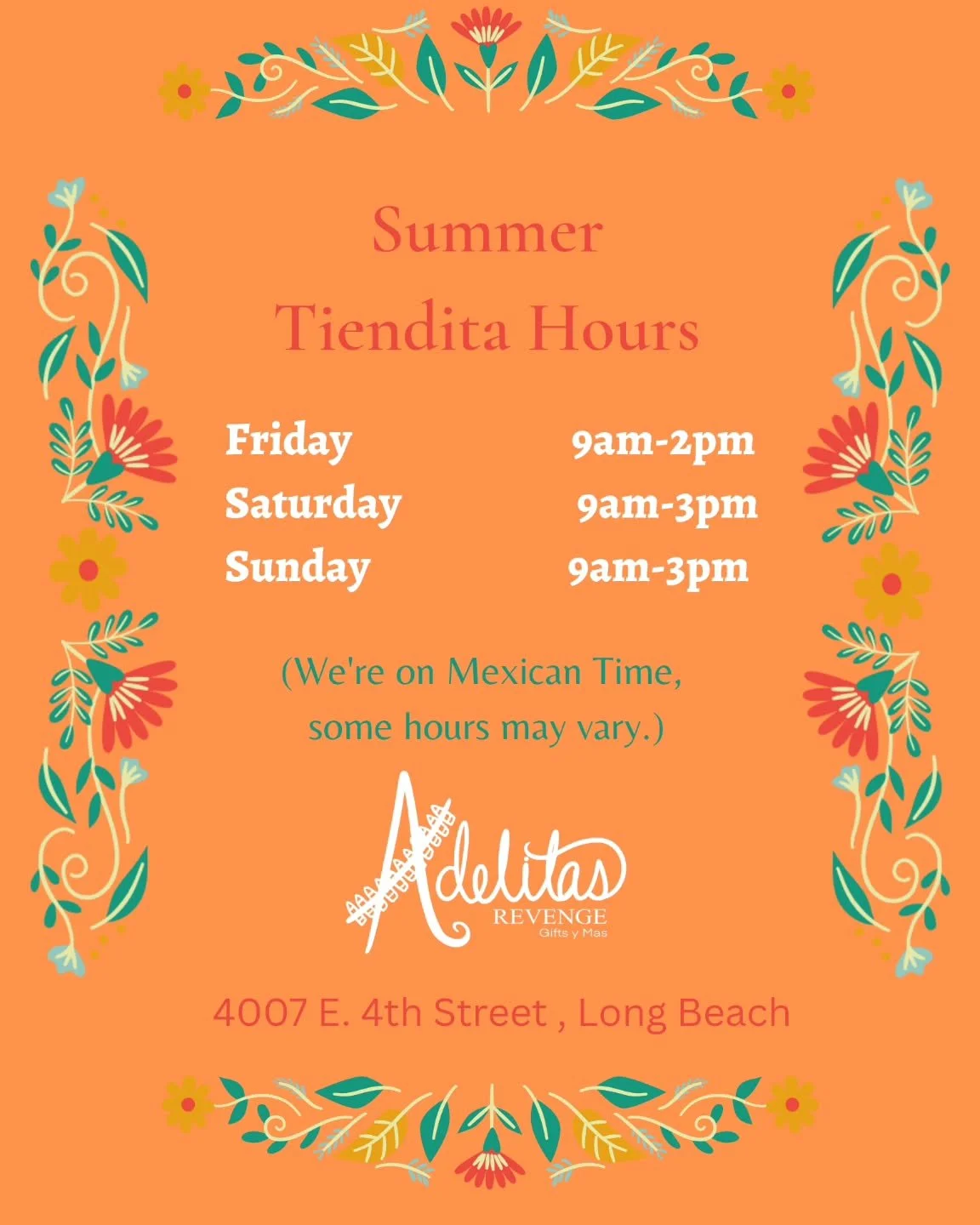 ☀️ Summer Hours Are Here! ☀️

Starting this week, our new Tiendita Summer Hours are:

Friday.  9-2pm
Saturday.  9-3pm
Sunday.  9-3pm

Whether you're dropping by for your favorite goodies, a quick hello, or to support local makers, make sure to swing 