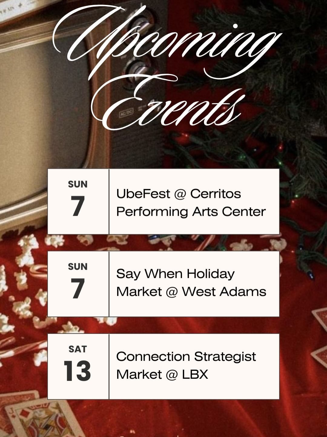 dec pop up schedule 🎄✨ getting sentimental, how is it already the last month of 2025??? 11 months of popping up in has been insane but i wouldn&rsquo;t trade it for the world 🤘🏽

thank you to the all the new and familiar faces who have supported e