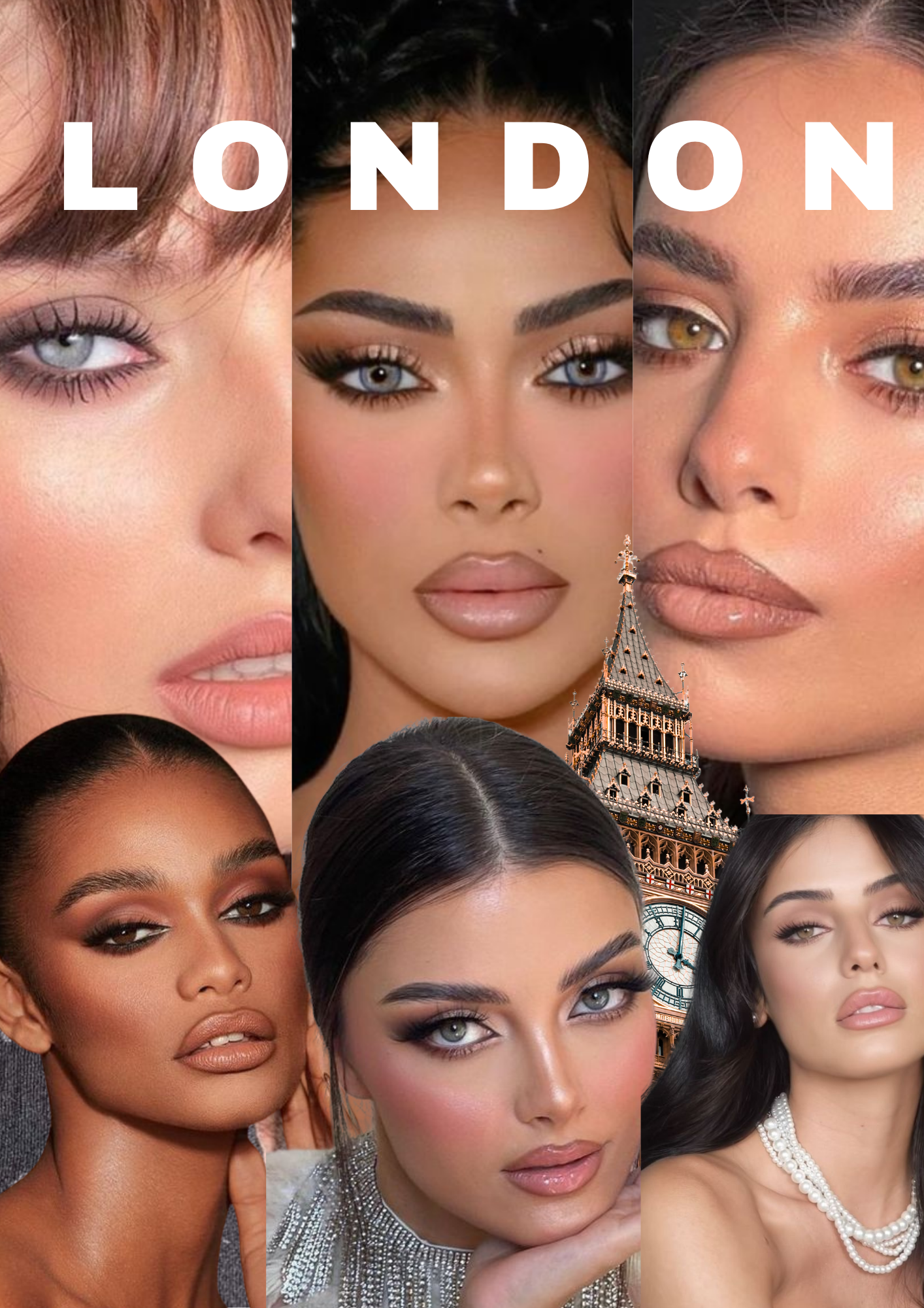 Collage of six women with different makeup looks and hair styles, the word 'LONDON' in white text at the top, and a small image of the Big Ben clock tower in London in the background.