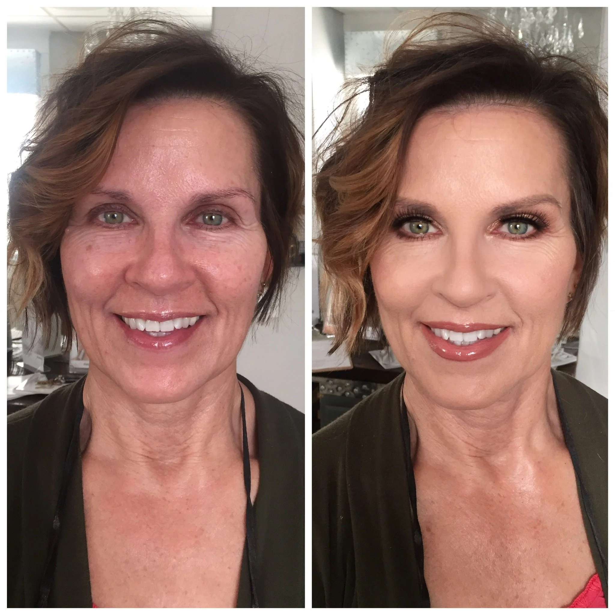 Side-by-side comparison of a woman before and after makeup application, showing natural look on the left and a polished, glamorous look on the right.