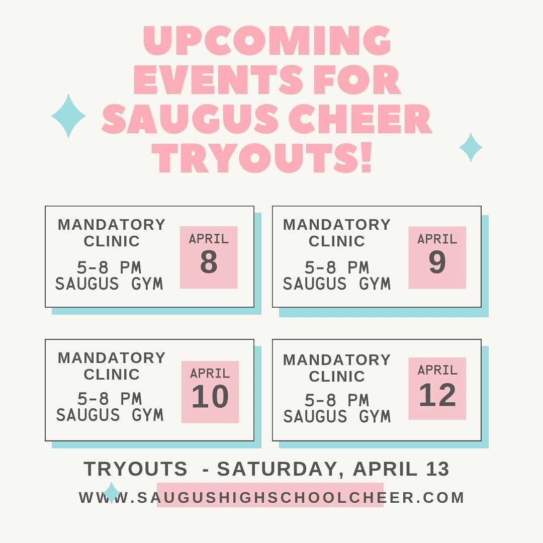 Saugus Cheer Tryouts Are Here! Woohoo! Be sure you attend all clinics this week (April 8, 9, 10, 12)! Tryouts are Saturday, April 13th! We can&rsquo;t wait to meet you!💙📣
#sauguscheer #sauguscheerleading #sauguscheerbooster @sauguscheerleading