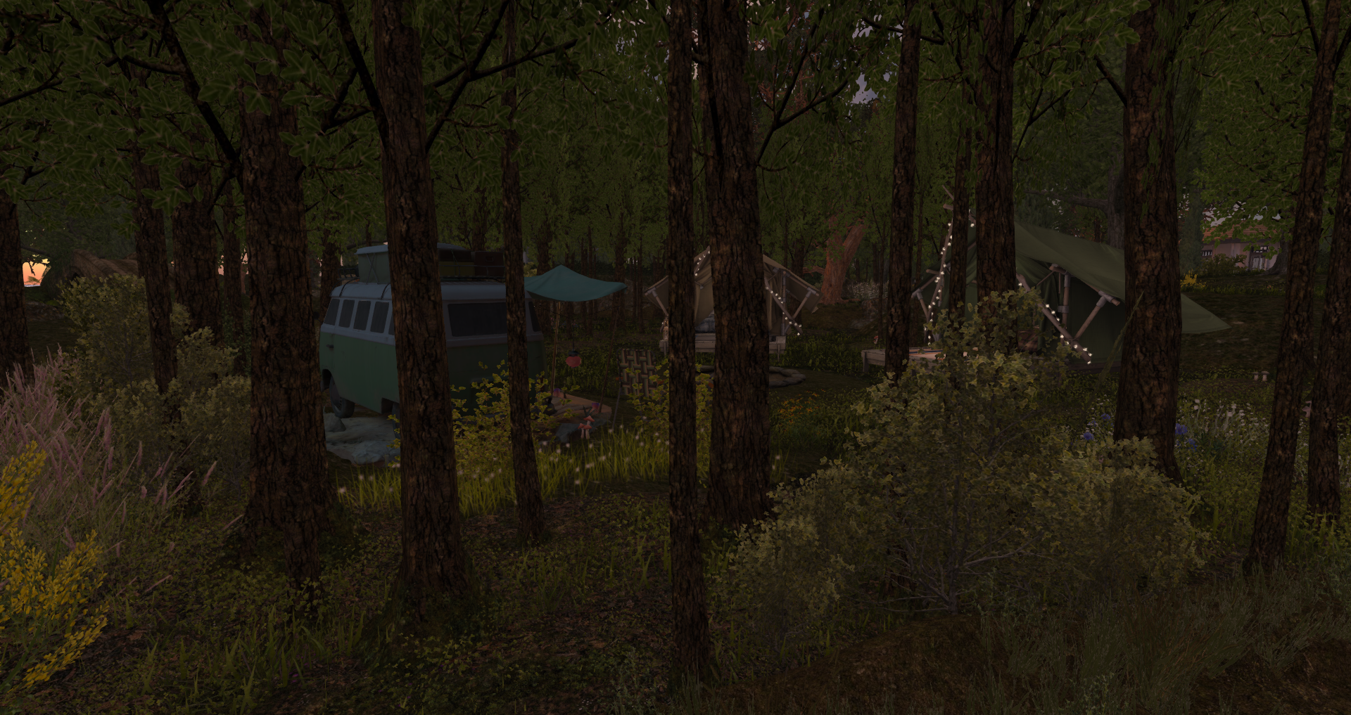 A secluded Second Life landscape design featuring a cozy forest campsite with tents, a vintage camper, string lights, dense trees, layered greenery, and a quiet nature retreat atmosphere.
