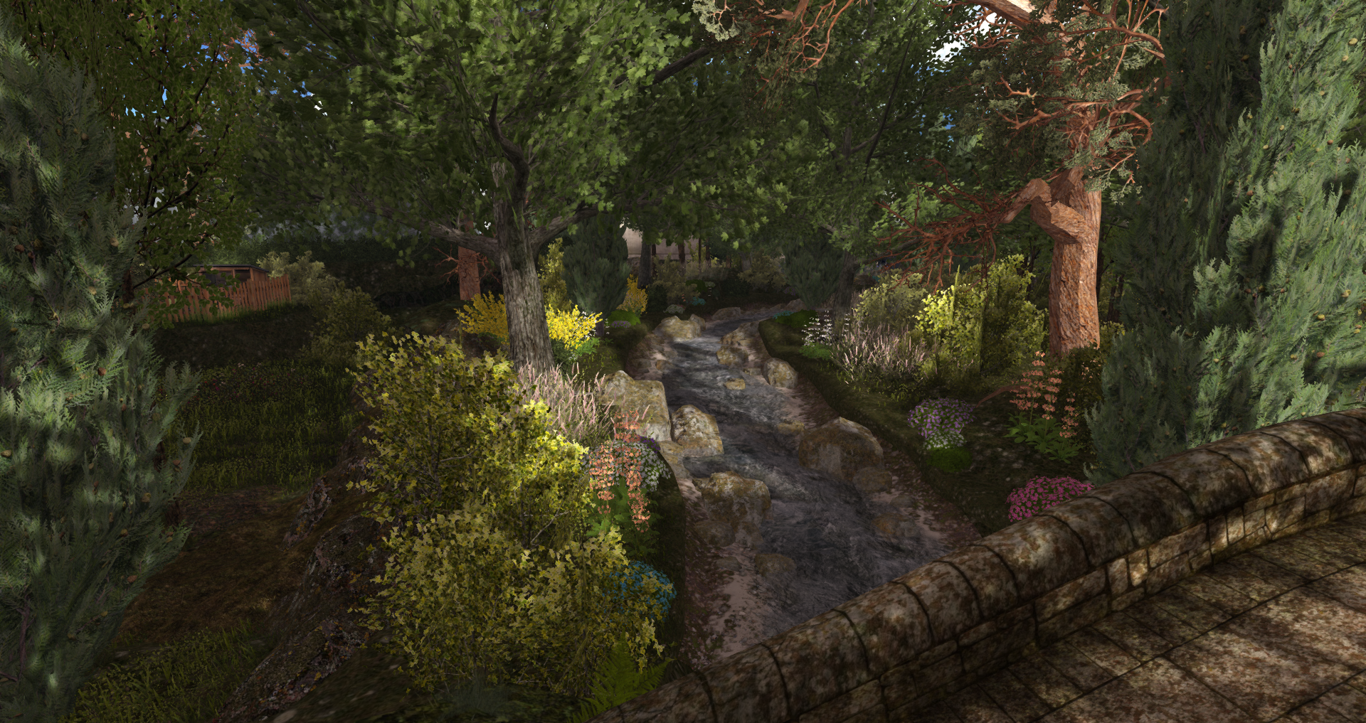 A lush Second Life landscape design featuring a rocky stream winding through dense trees, layered shrubs, colorful flowers, stonework, and a peaceful nature-inspired garden setting.