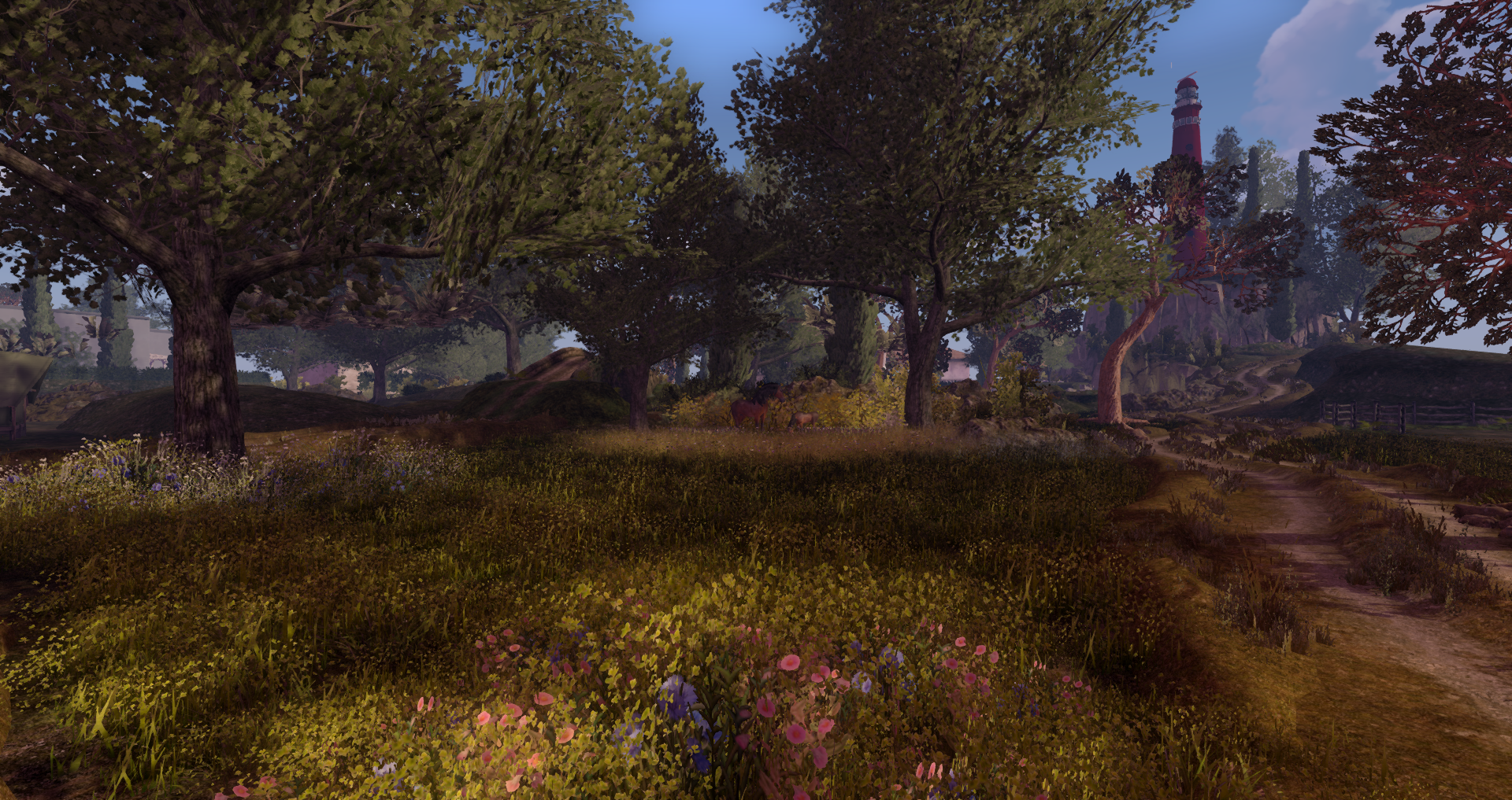 A peaceful Second Life landscape design featuring a winding dirt path through wildflowers, mature trees, soft meadow grass, grazing deer, and a distant lighthouse framed by natural scenery.