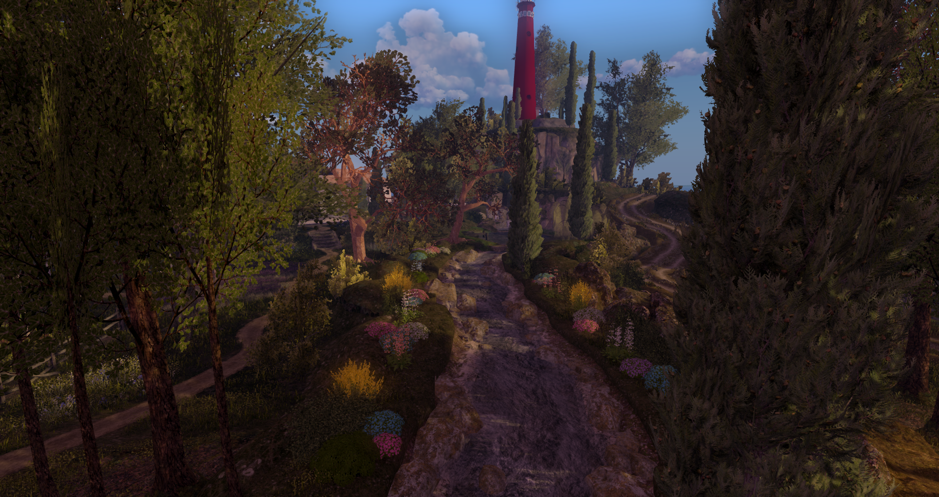 A layered Second Life landscape design featuring a rocky waterfall, winding nature paths, colorful flowers, tall cypress trees, and a red lighthouse rising above the coastal garden scenery.