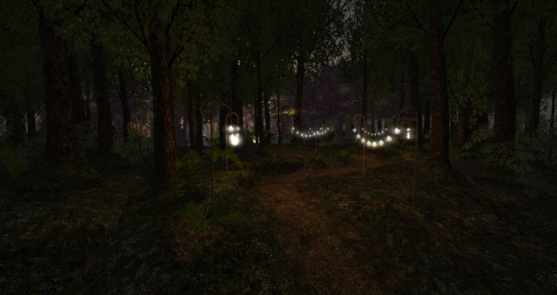 A moody Second Life landscape design featuring a winding woodland path lit by glowing lanterns, surrounded by dense trees, mossy groundcover, ferns, and a quiet enchanted forest atmosphere.