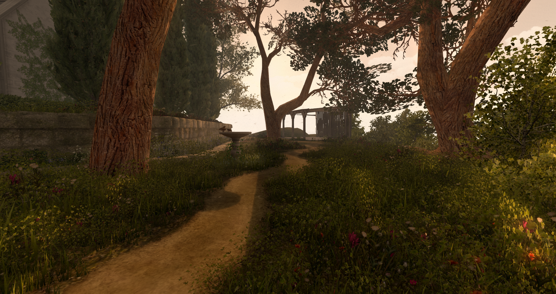A lush nature-inspired Second Life landscape design featuring a winding garden path, towering trees, wildflowers, layered greenery, stonework, and a quiet pergola tucked into the distance.