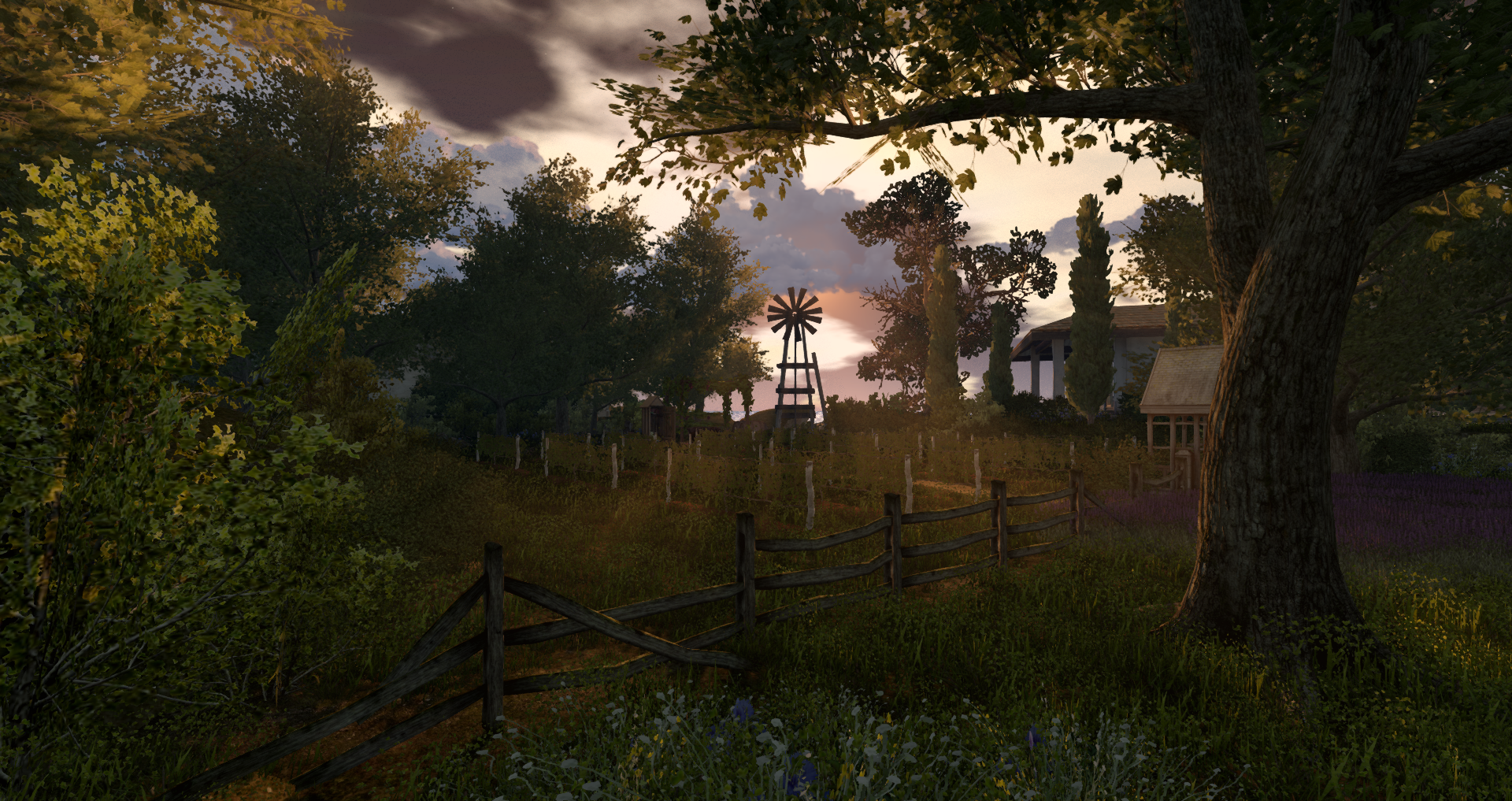 A rustic Second Life landscape design featuring a fenced meadow, mature trees, soft wildflowers, a small windmill, and warm sunset light creating a peaceful nature-inspired retreat.
