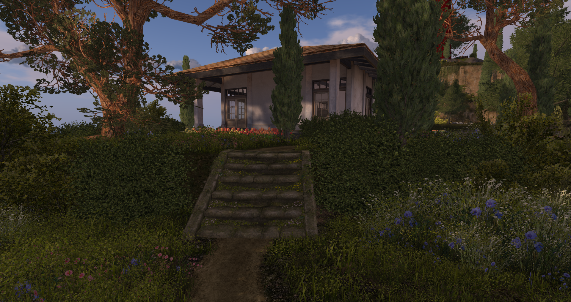 A nature-inspired Second Life landscape design featuring stone garden steps leading to a quiet retreat surrounded by mature trees, cypress, wildflowers, layered greenery, and coastal hillside scenery.