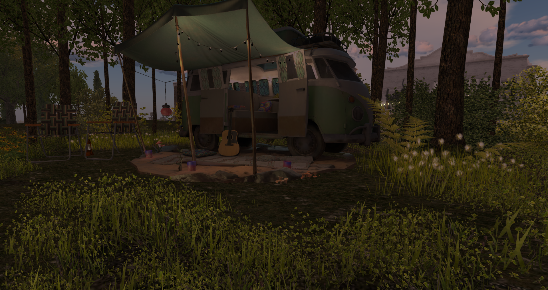 A cozy Second Life landscape design featuring a vintage camper tucked beneath tall forest trees, with a shaded canopy, string lights, outdoor seating, layered greenery, and a peaceful glamping retreat atmosphere.