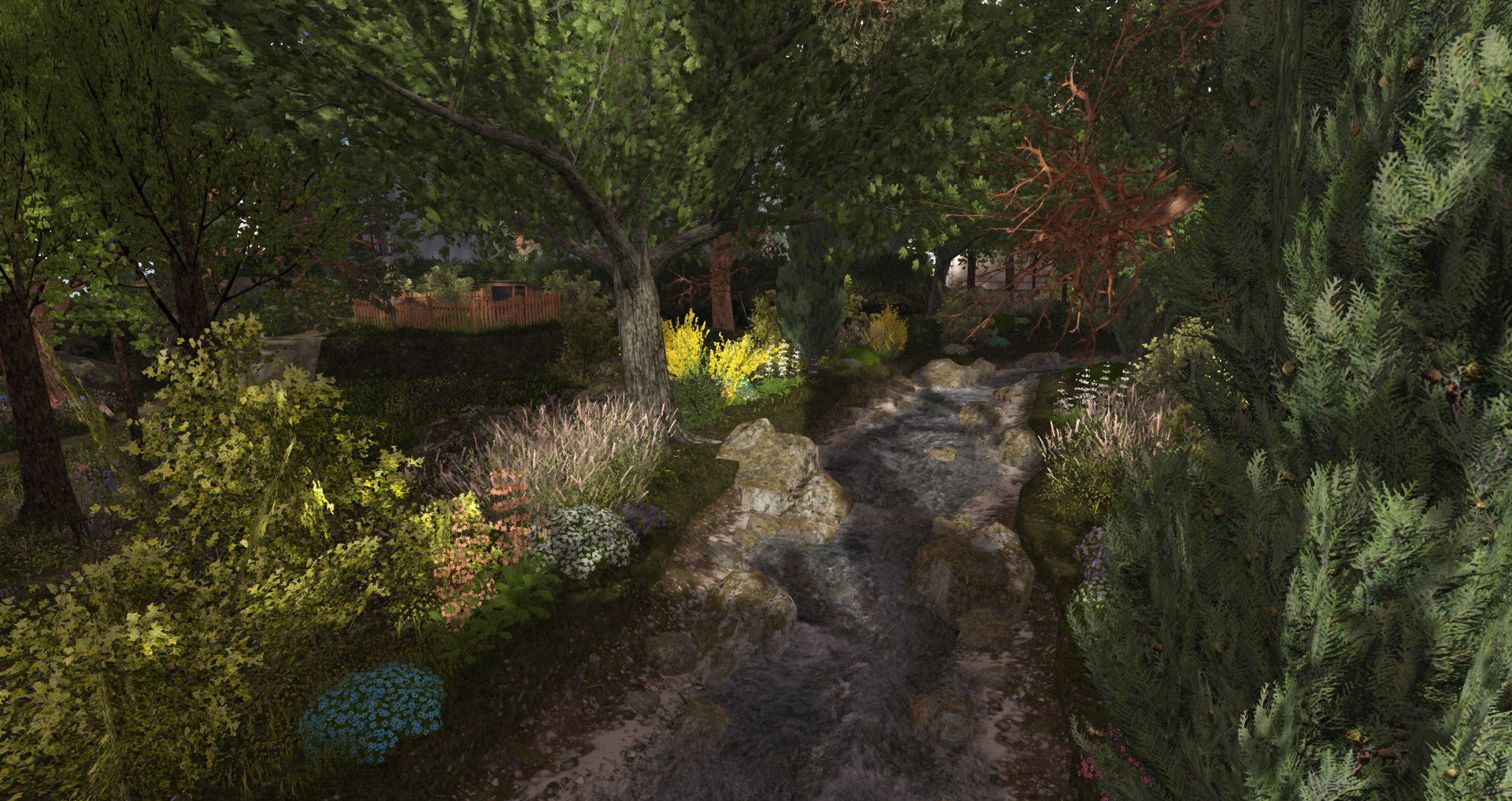 A lush Second Life landscape design featuring a rocky woodland stream, mature trees, layered shrubs, colorful flowers, mossy groundcover, and dense greenery creating a peaceful nature-inspired retreat.