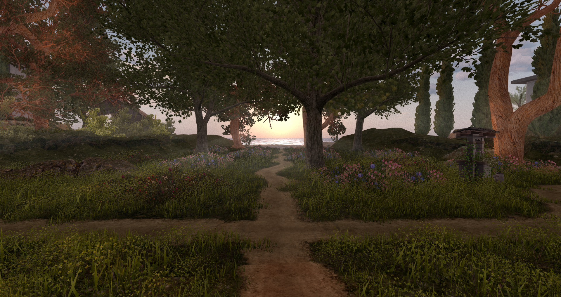 A nature-inspired Second Life landscape design featuring a winding path through wildflowers and mature trees, opening toward a peaceful waterfront view at sunset.